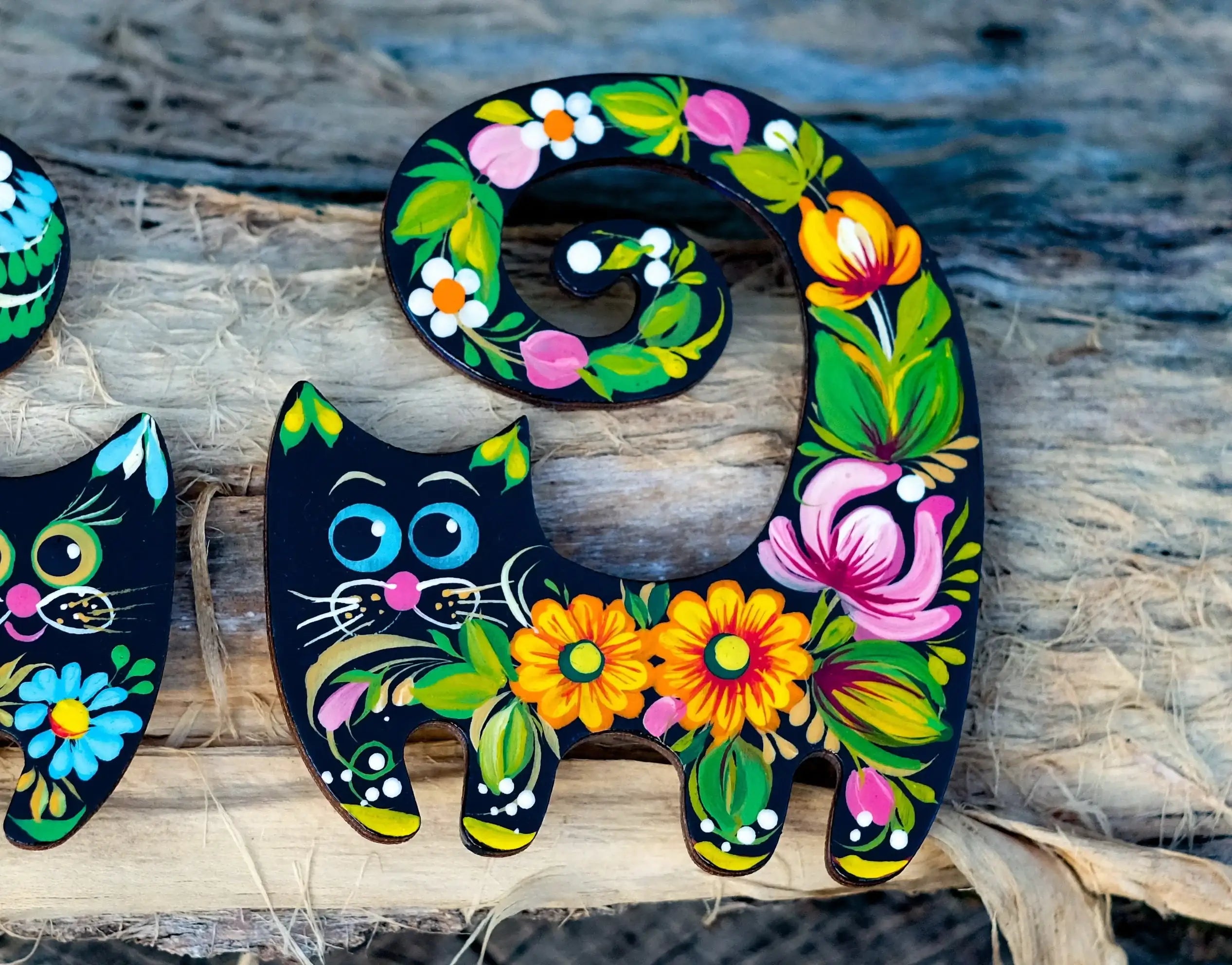 Painted Wooden Funny Cat Fridge Magnets Set - Petrykivka Art Cute Cat Silhouette Decorative Magnet, Handmade
