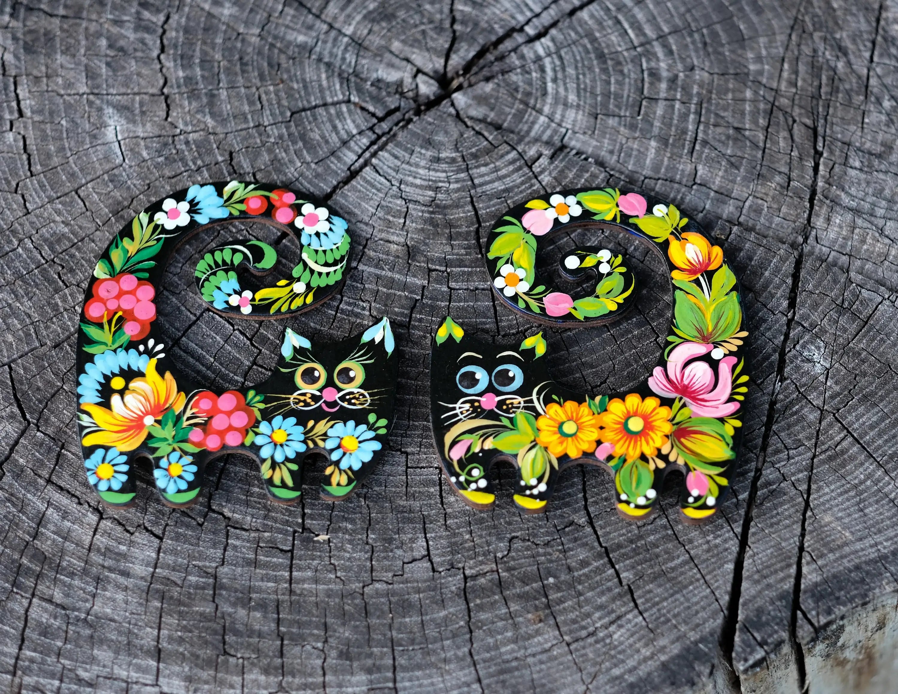 Painted Wooden Funny Cat Fridge Magnets Set - Petrykivka Art Cute Cat Silhouette Decorative Magnet, Handmade