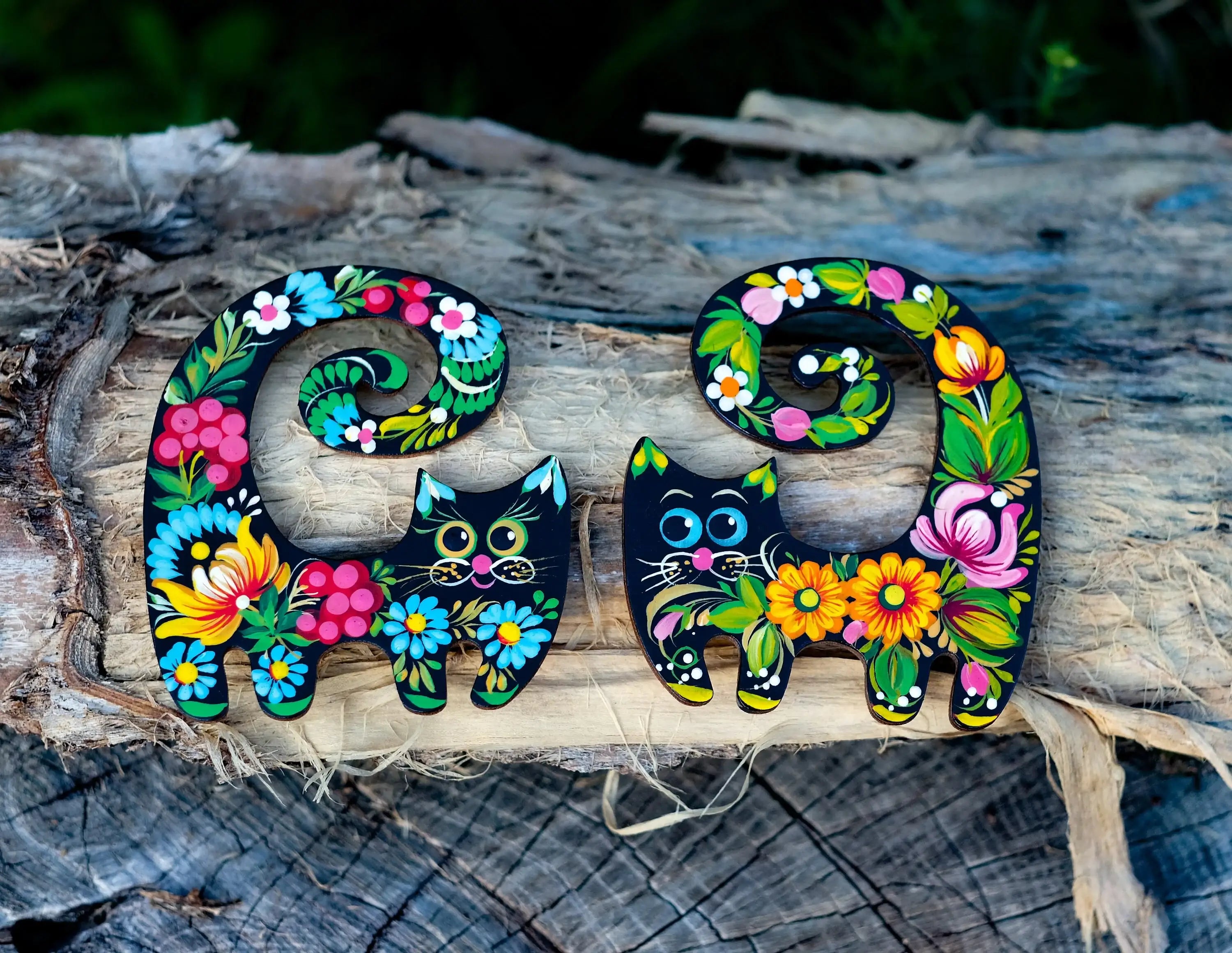 Painted Wooden Funny Cat Fridge Magnets Set - Petrykivka Art Cute Cat Silhouette Decorative Magnet, Handmade