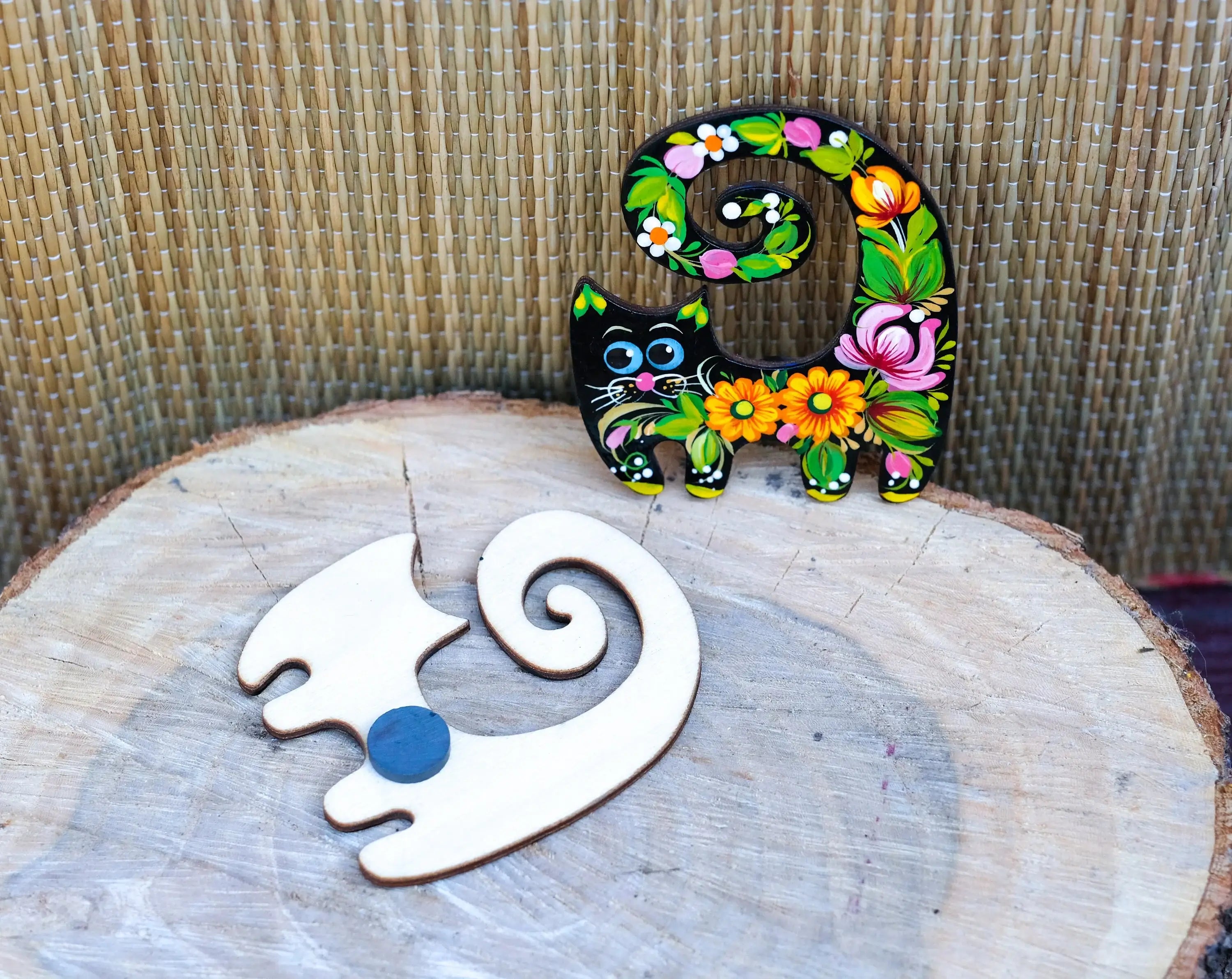 Painted Wooden Funny Cat Fridge Magnets Set - Petrykivka Art Cute Cat Silhouette Decorative Magnet, Handmade