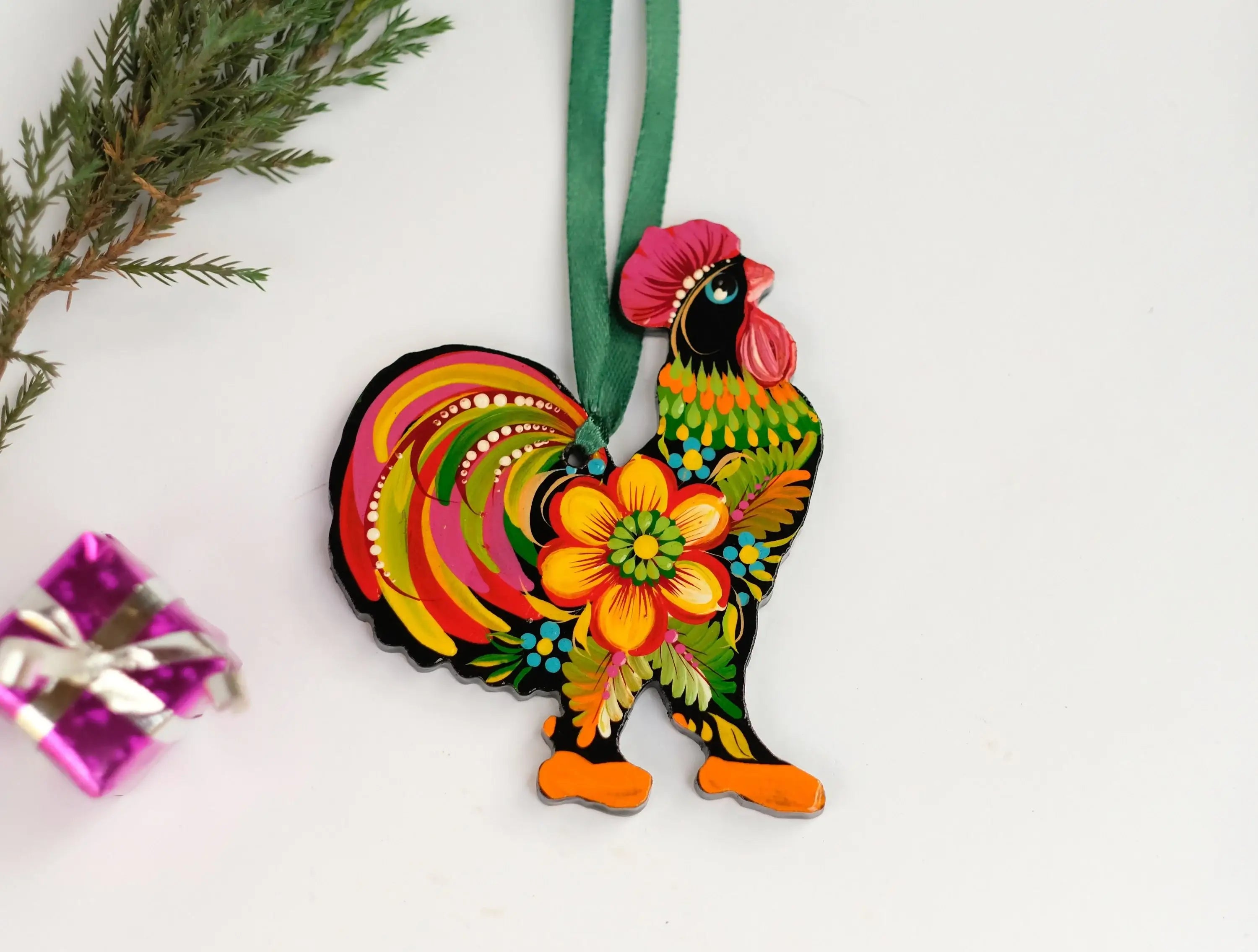 Rooster Christmas Ornament Painted on Wood
