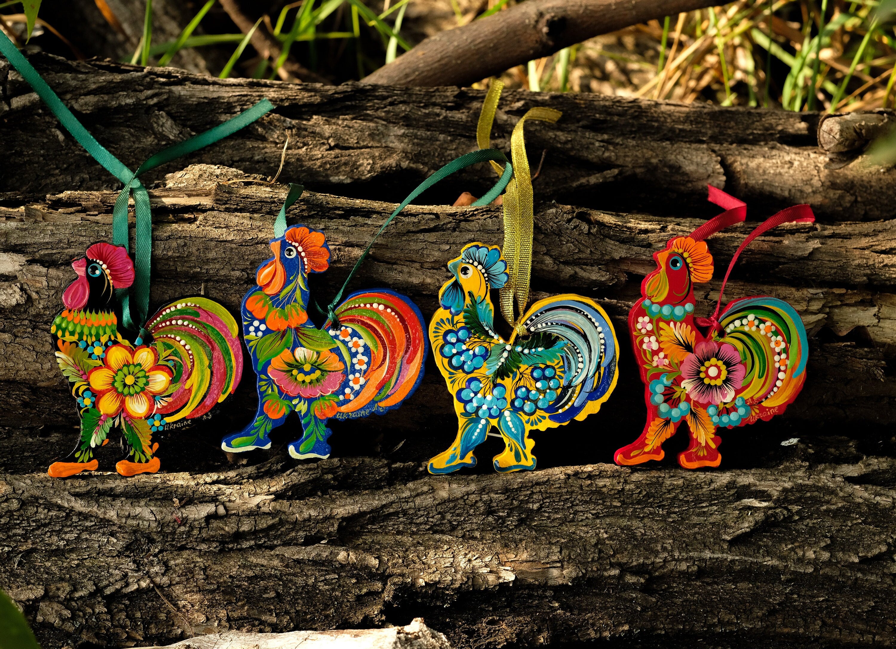 Ukrainian Rooster Christmas Ornament - Painted Wooden Petrykivka Art Ornament