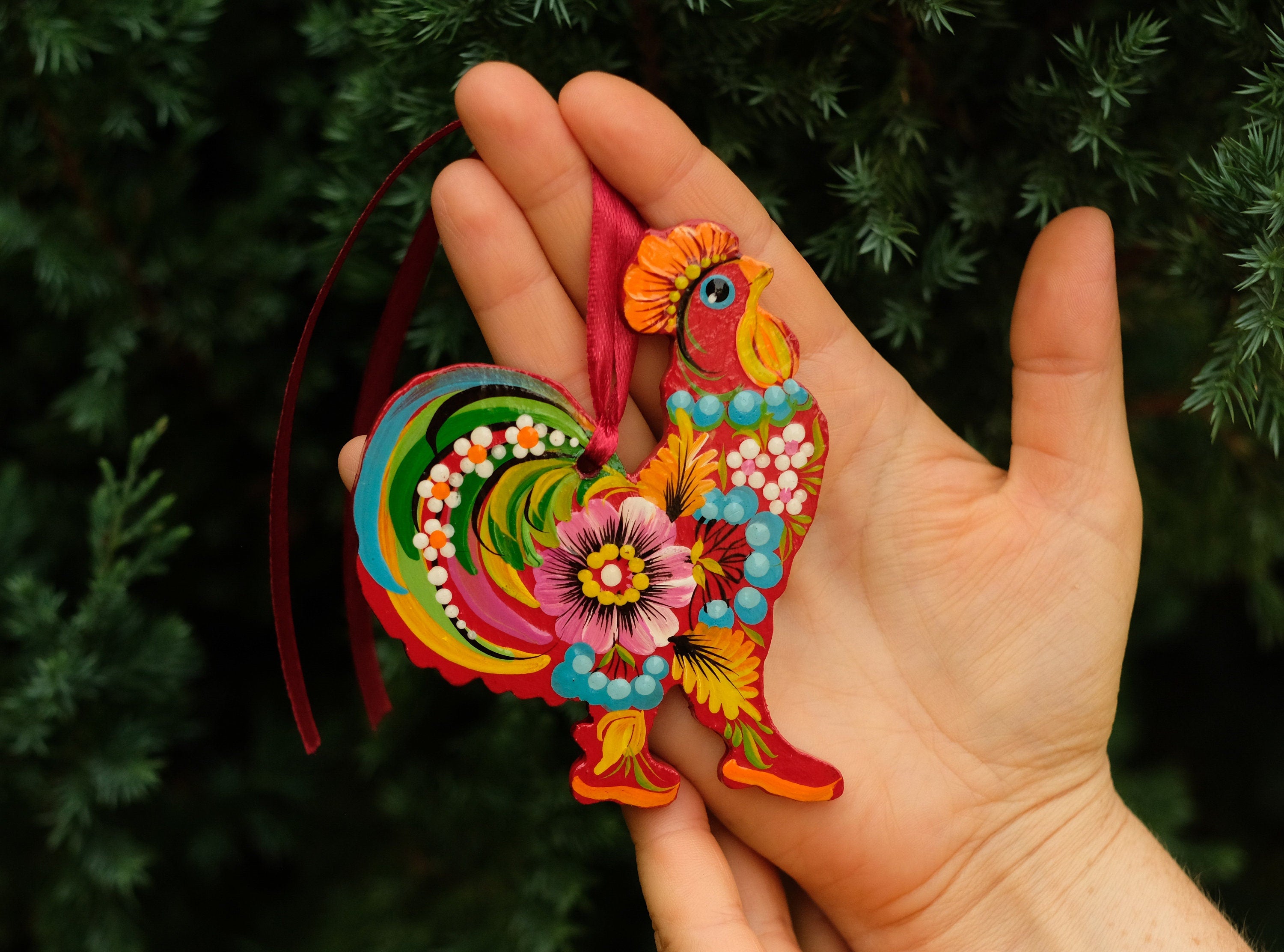 Set of 4 Painted Wooden Rooster Christmas Ornaments, Gift-wrapped