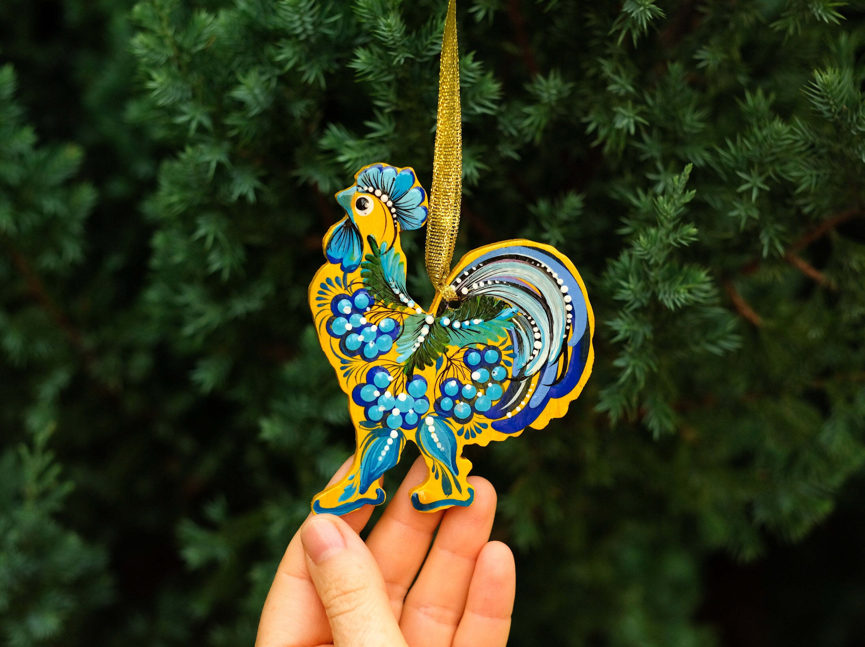 Set of 4 Painted Wooden Rooster Christmas Ornaments, Gift-wrapped
