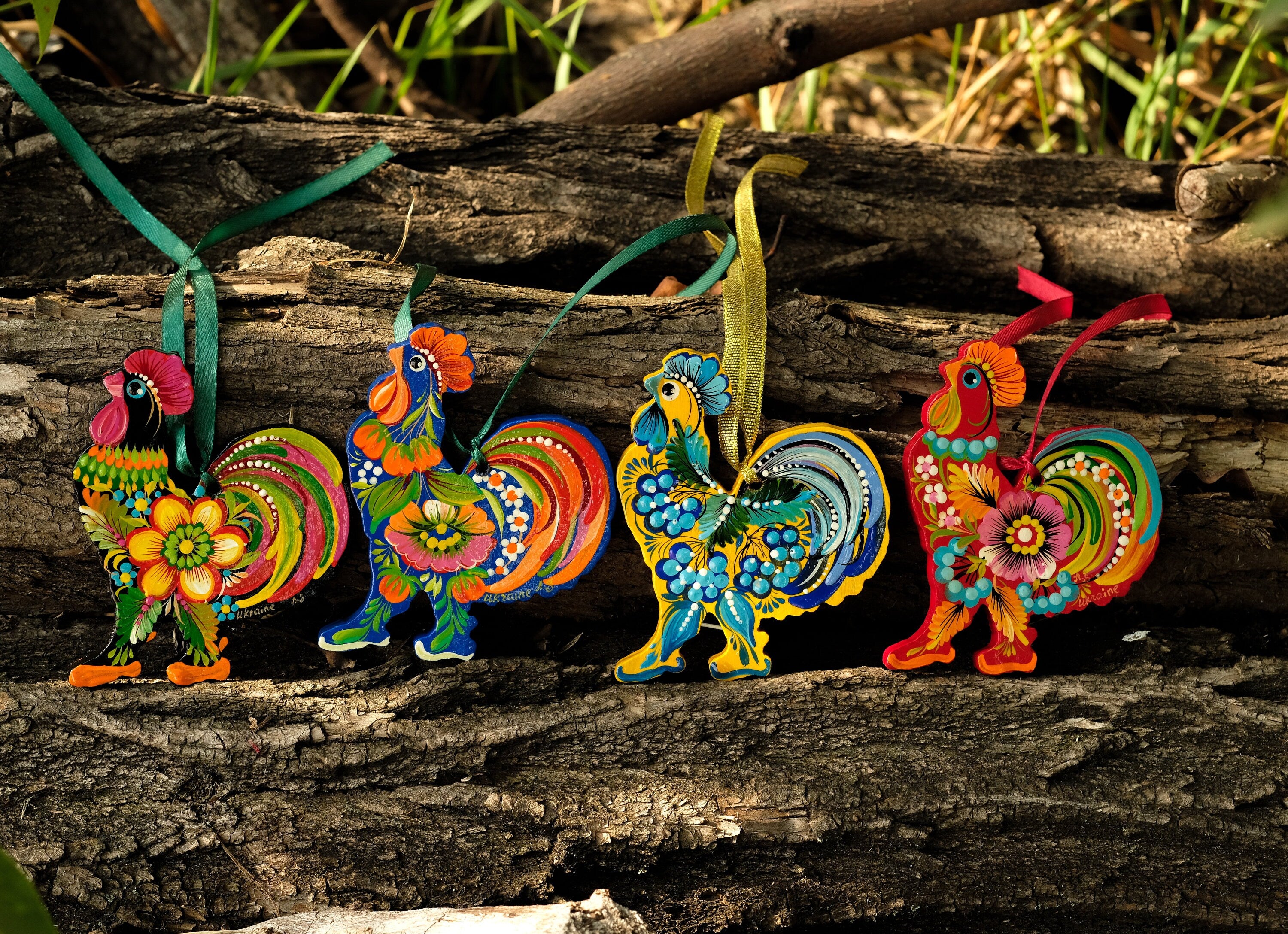 Set of 4 Painted Wooden Rooster Christmas Ornaments, Gift-wrapped