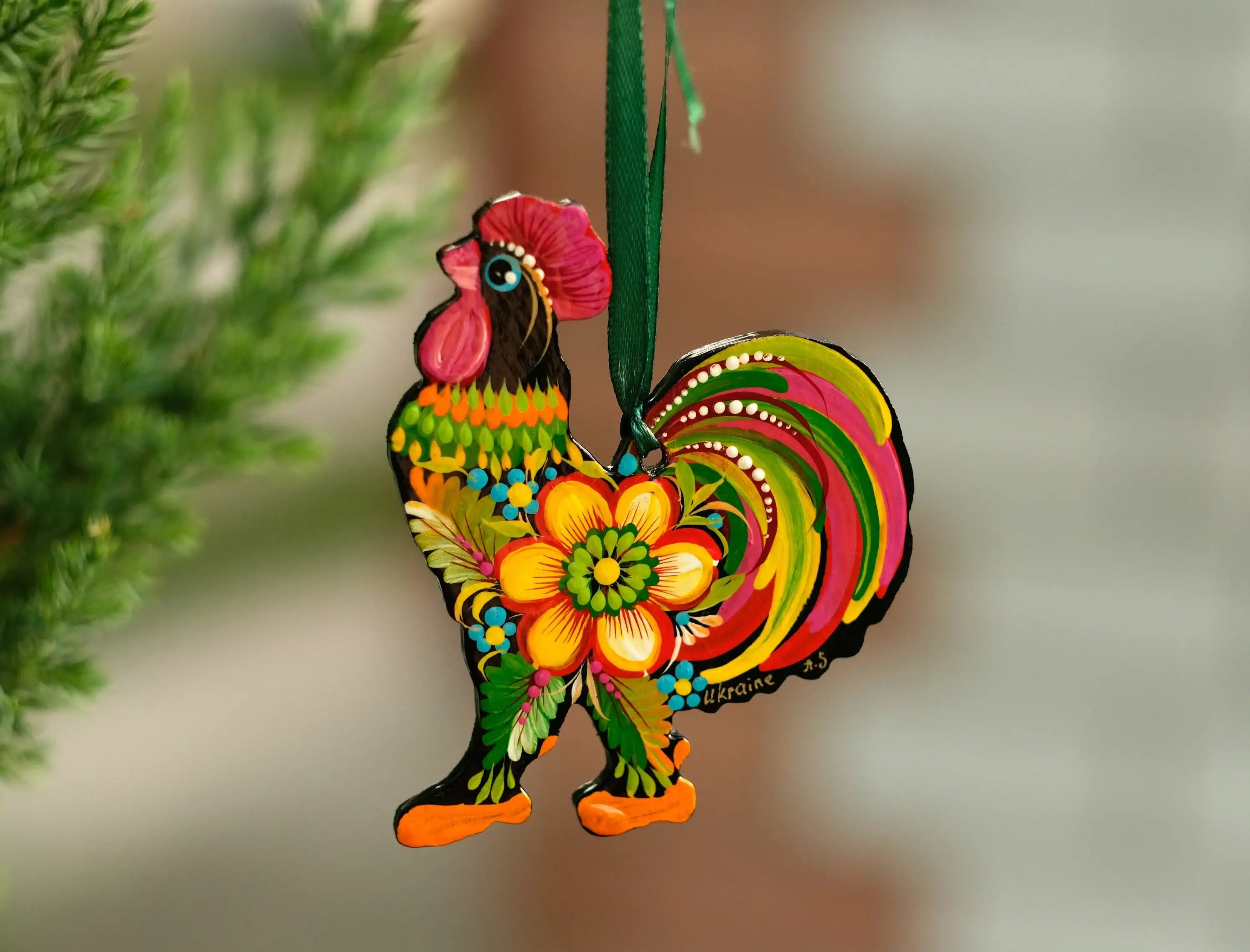Set of 4 Painted Wooden Rooster Christmas Ornaments, Gift-wrapped