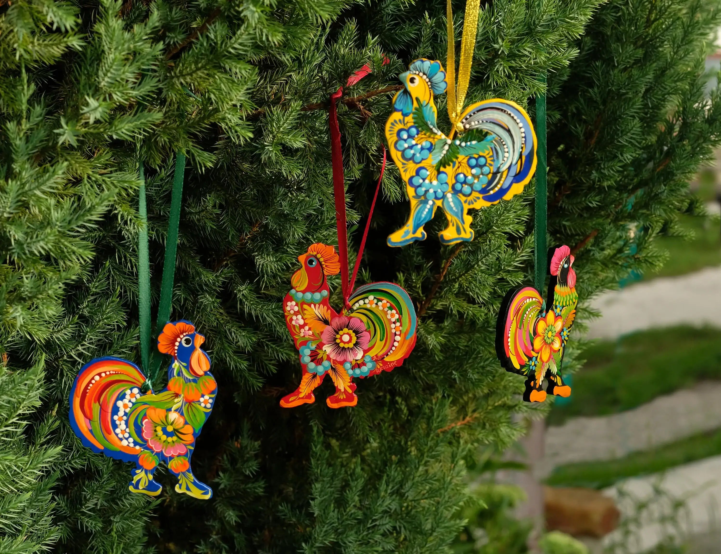 Set of 4 Painted Wooden Rooster Christmas Ornaments, Gift-wrapped