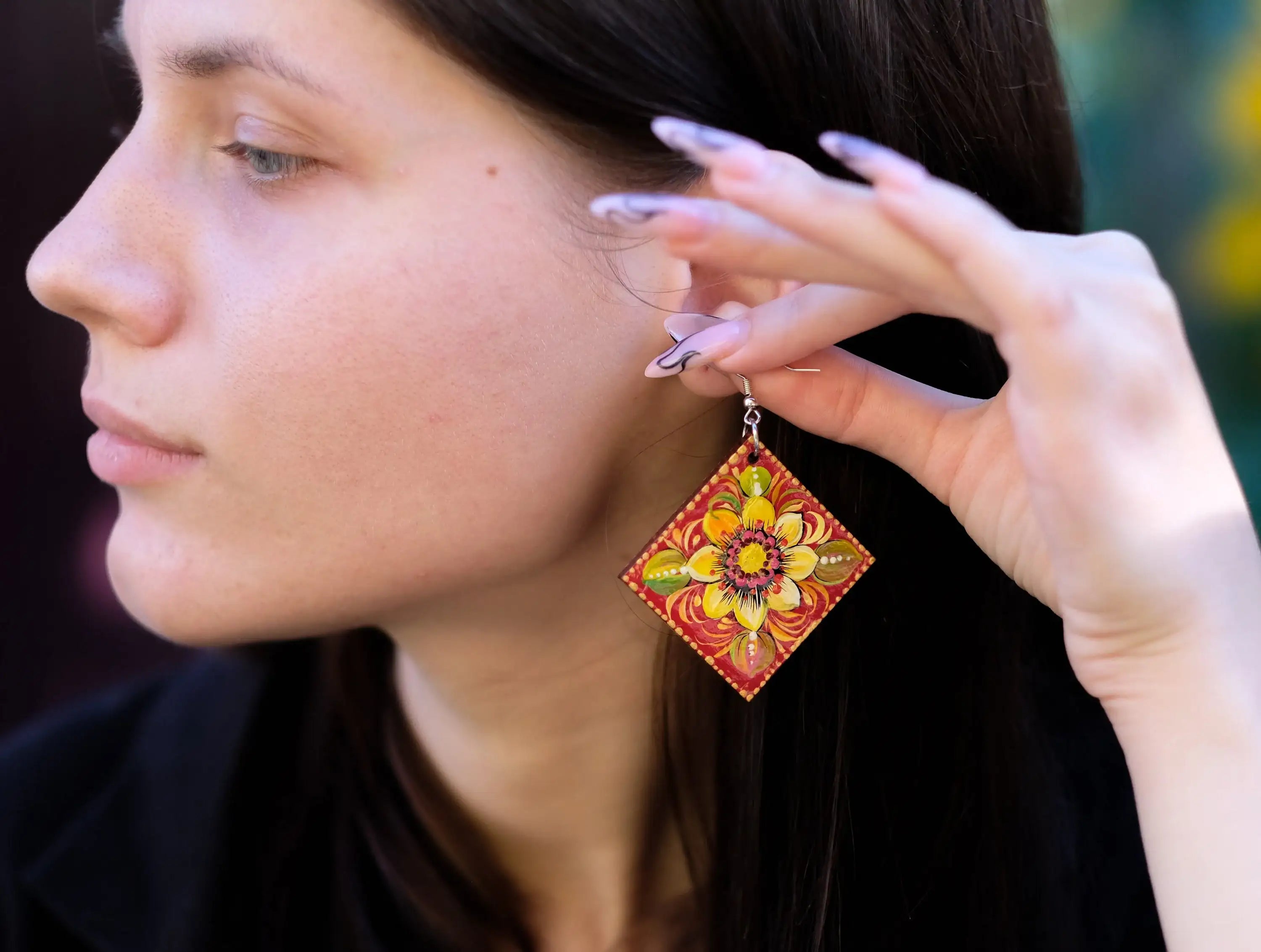 Painted Hypoallergenic Wooden Sunflower Earrings - Artisanal Large Statement Dangle Drop Earrings