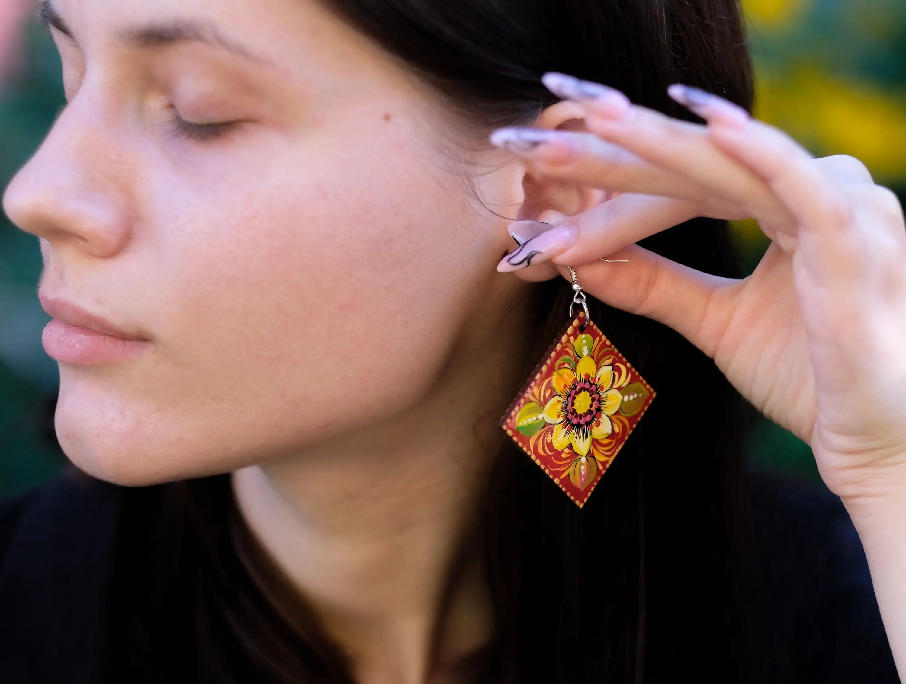Painted Hypoallergenic Wooden Sunflower Earrings - Artisanal Large Statement Dangle Drop Earrings