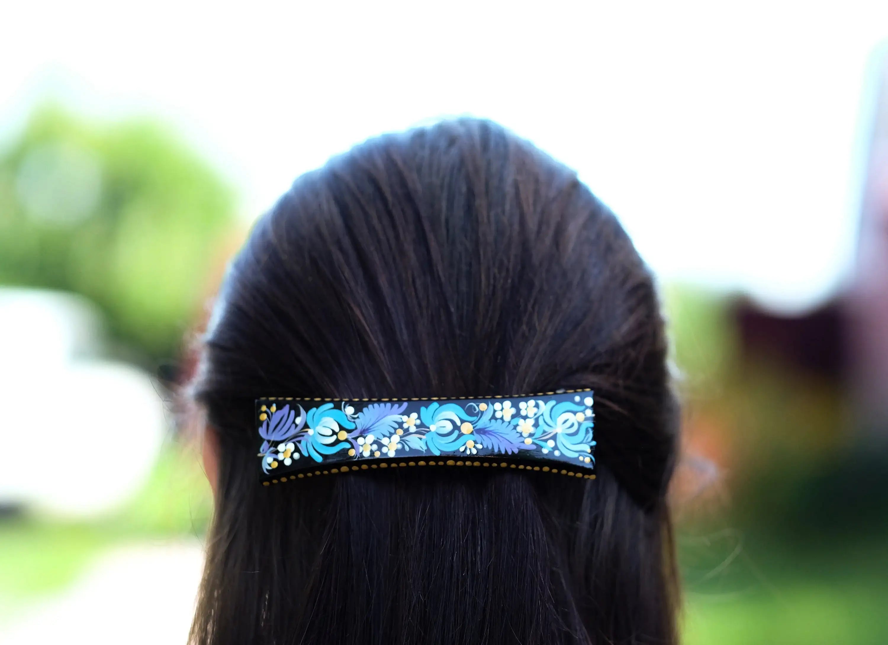 Painted Wooden Blue Flower Hair Barrette - Handmade Artisanal Petrykivka Art French Hair Clip