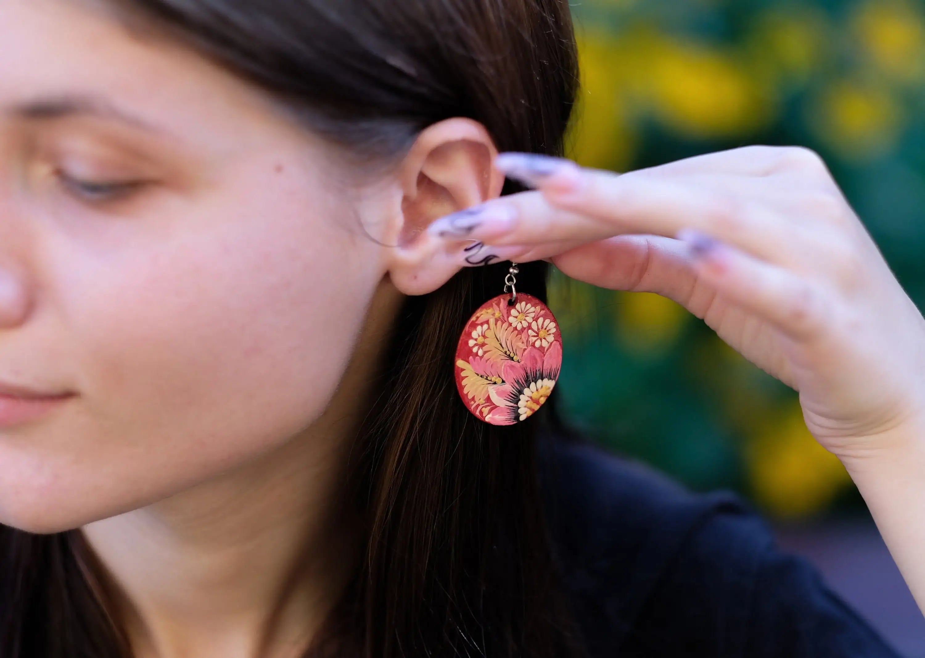 Hypoallergenic Painted Wooden Dangle Drop Earrings - Artisanal Pink Flower Petrykivka Art Oval Statement Earrings