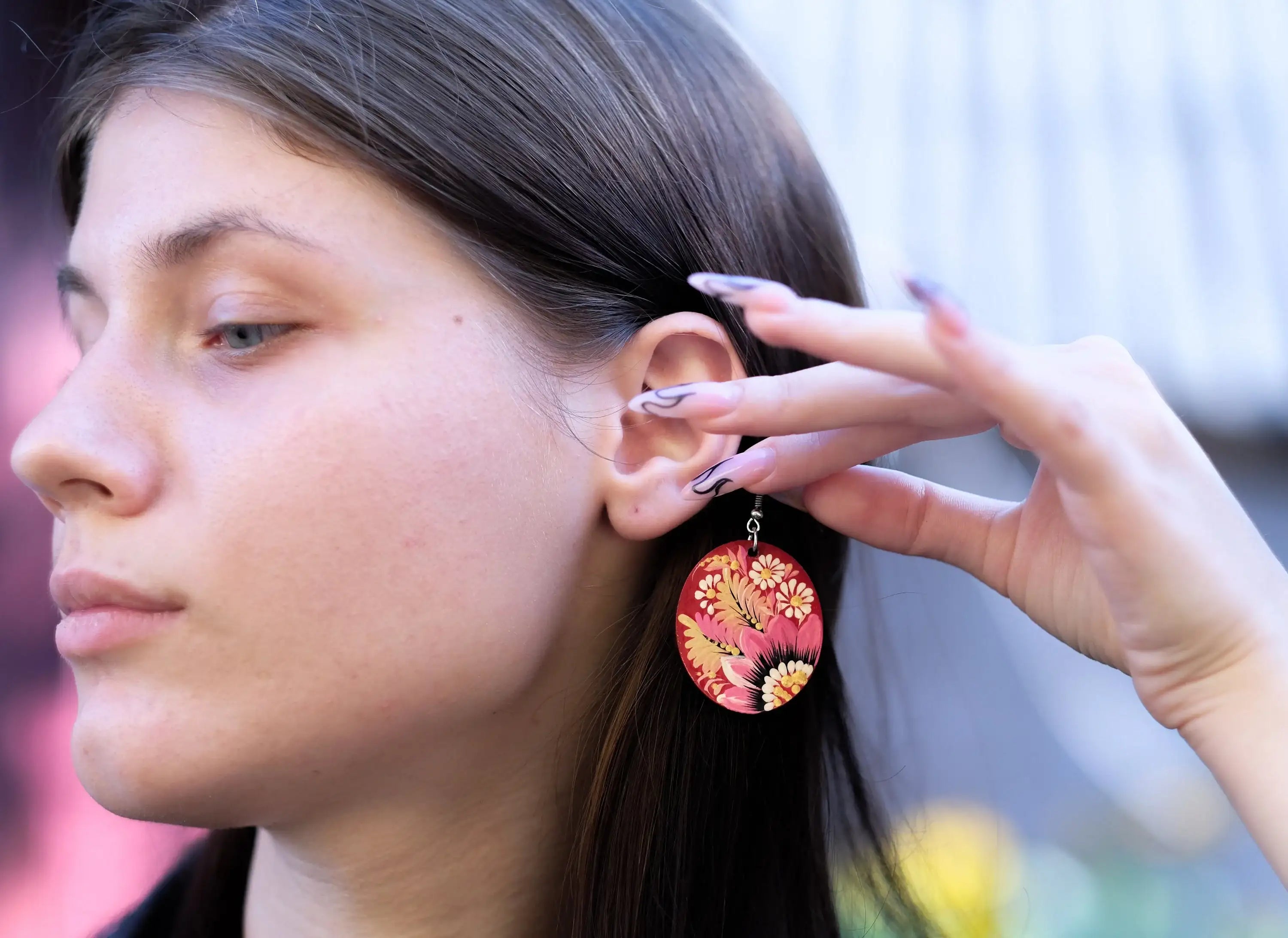 Hypoallergenic Painted Wooden Dangle Drop Earrings - Artisanal Pink Flower Petrykivka Art Oval Statement Earrings