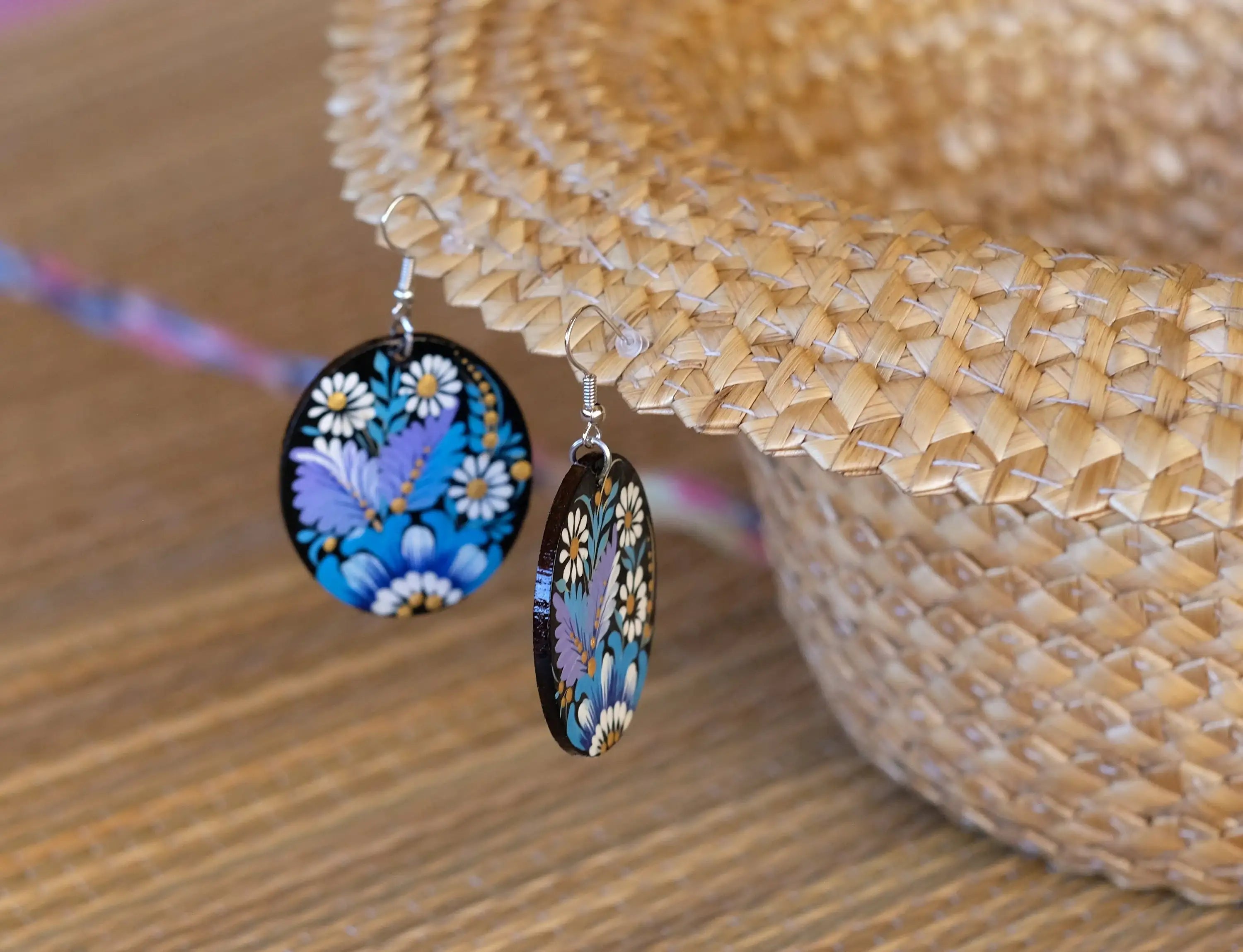 Painted Wooden Hypoallergenic Earrings - Artisanal Blue Flower Oval Statement Earrings