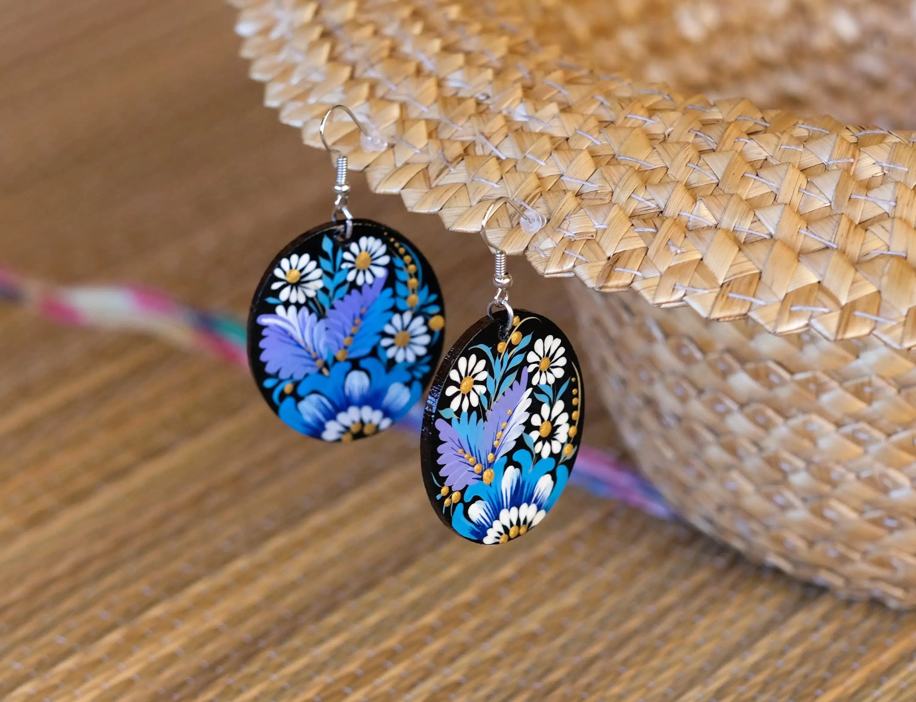 Painted Wooden Hypoallergenic Earrings - Artisanal Blue Flower Oval Statement Earrings