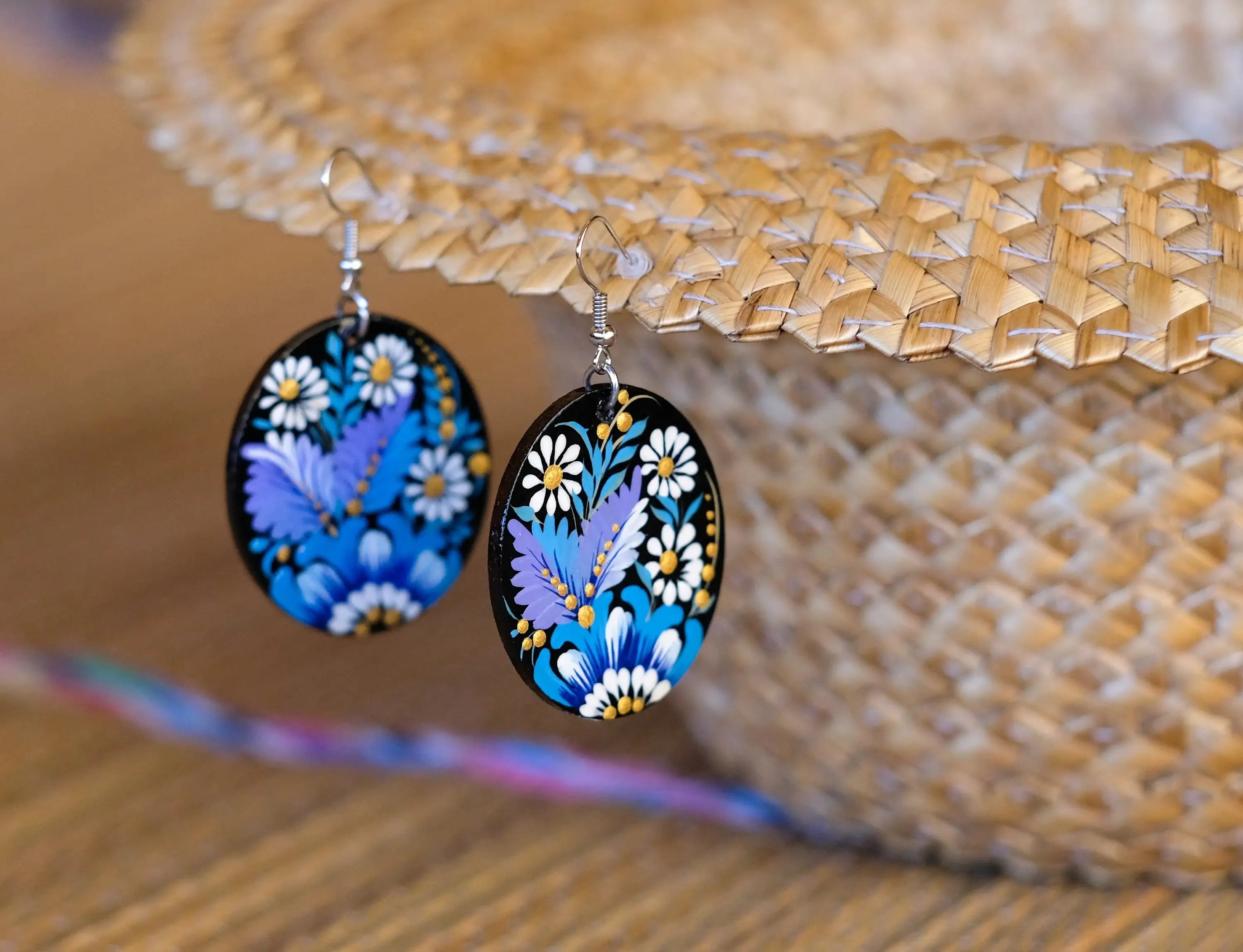 Painted Wooden Hypoallergenic Earrings - Artisanal Blue Flower Oval Statement Earrings