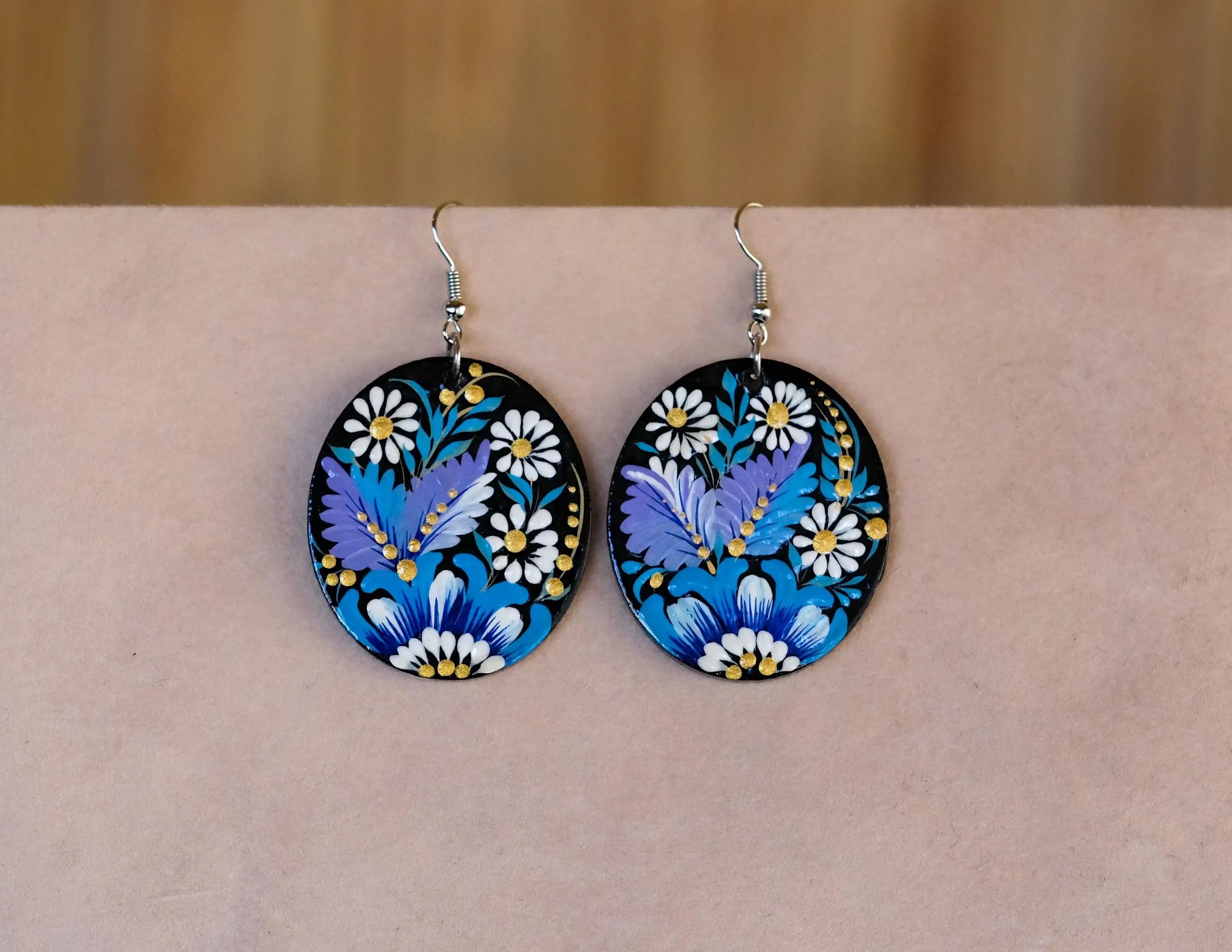 Painted Wooden Hypoallergenic Earrings - Artisanal Blue Flower Oval Statement Earrings