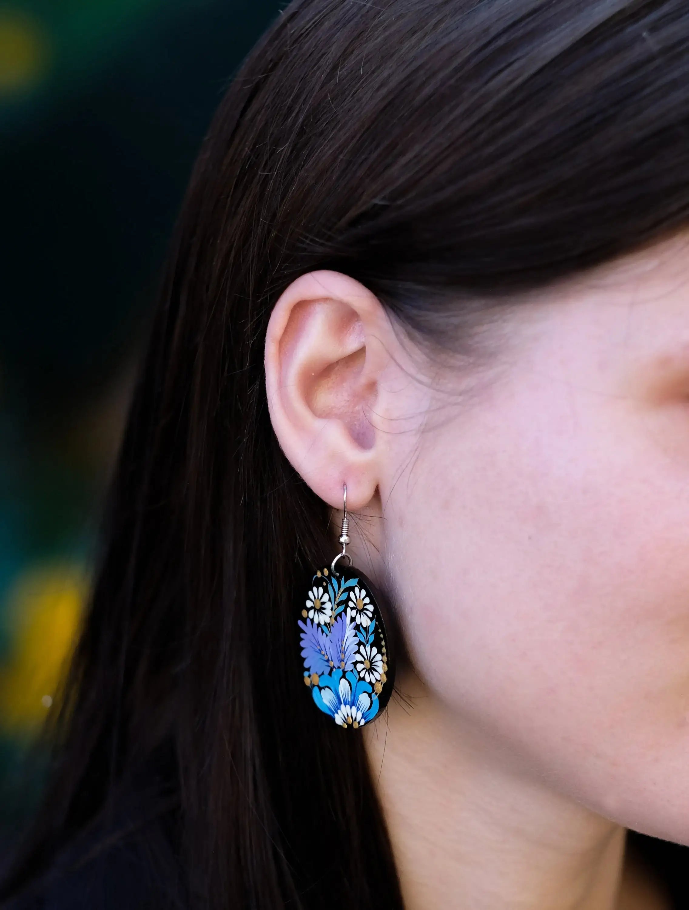 Painted Wooden Hypoallergenic Earrings - Artisanal Blue Flower Oval Statement Earrings