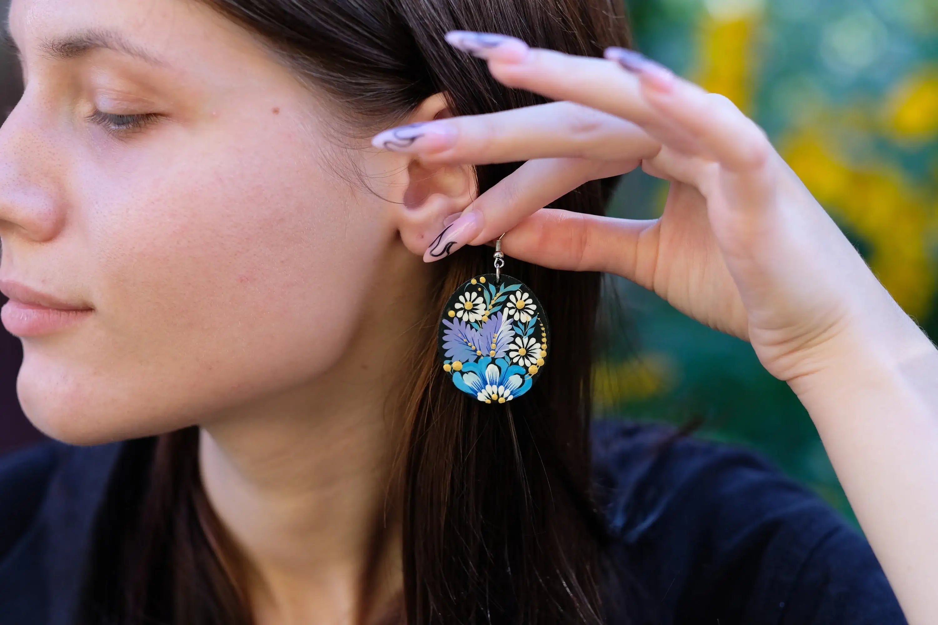 Painted Wooden Hypoallergenic Earrings - Artisanal Blue Flower Oval Statement Earrings