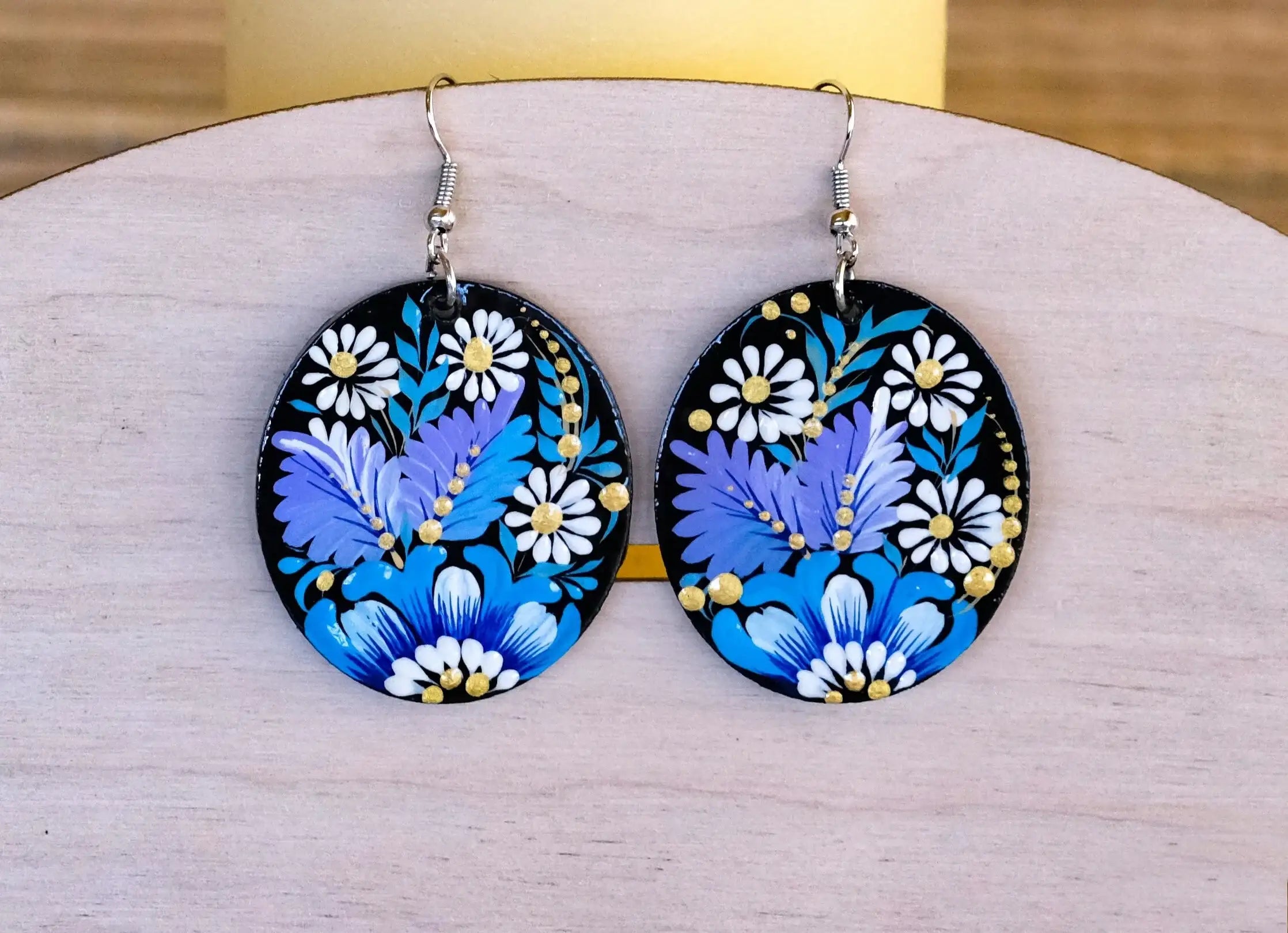 Painted Wooden Hypoallergenic Earrings - Artisanal Blue Flower Oval Statement Earrings
