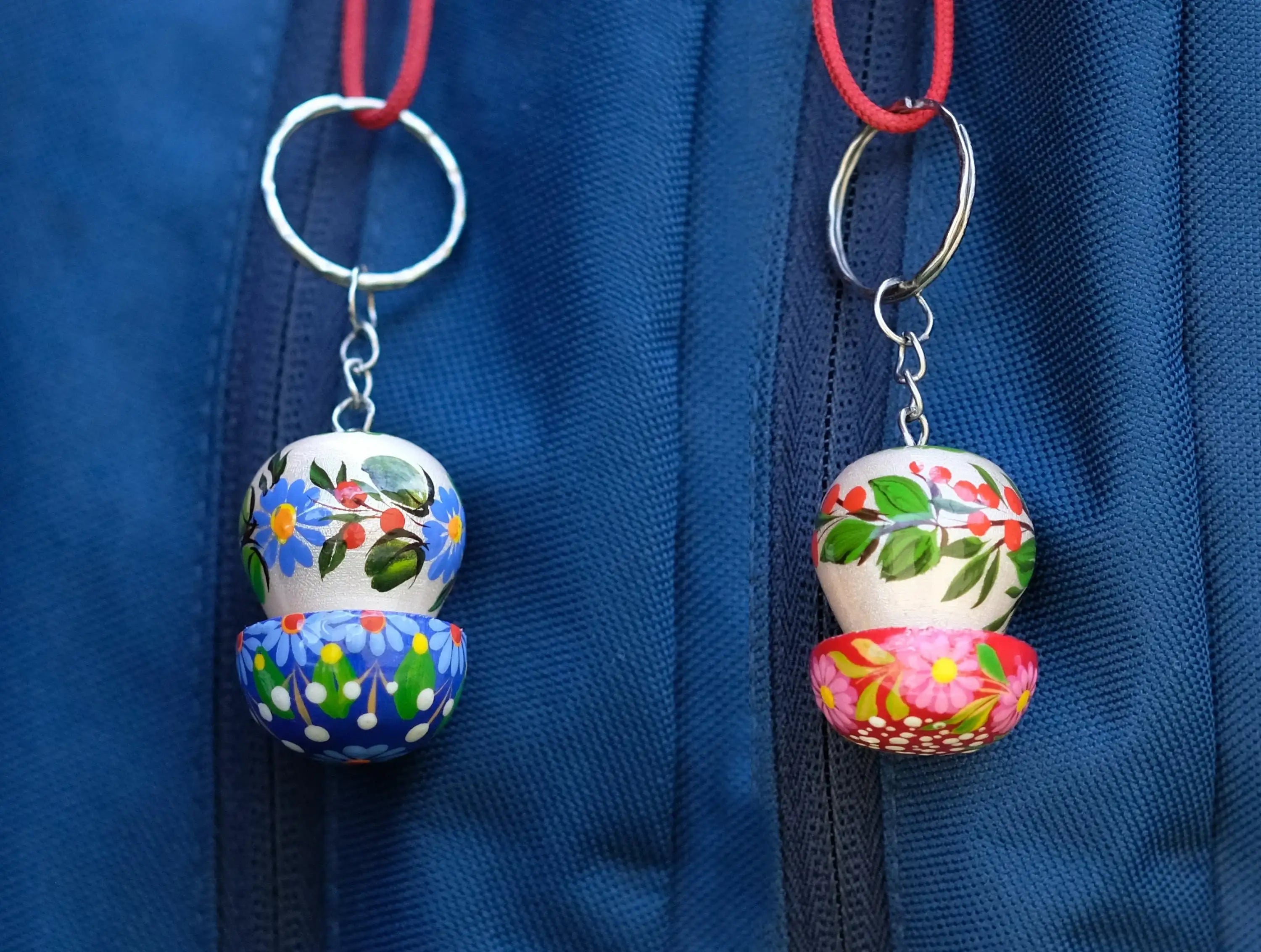 Painted Wooden Mushroom Key Chain - Tassel Bag Charm, Atrisanal Blue and Red Flower Key Ring