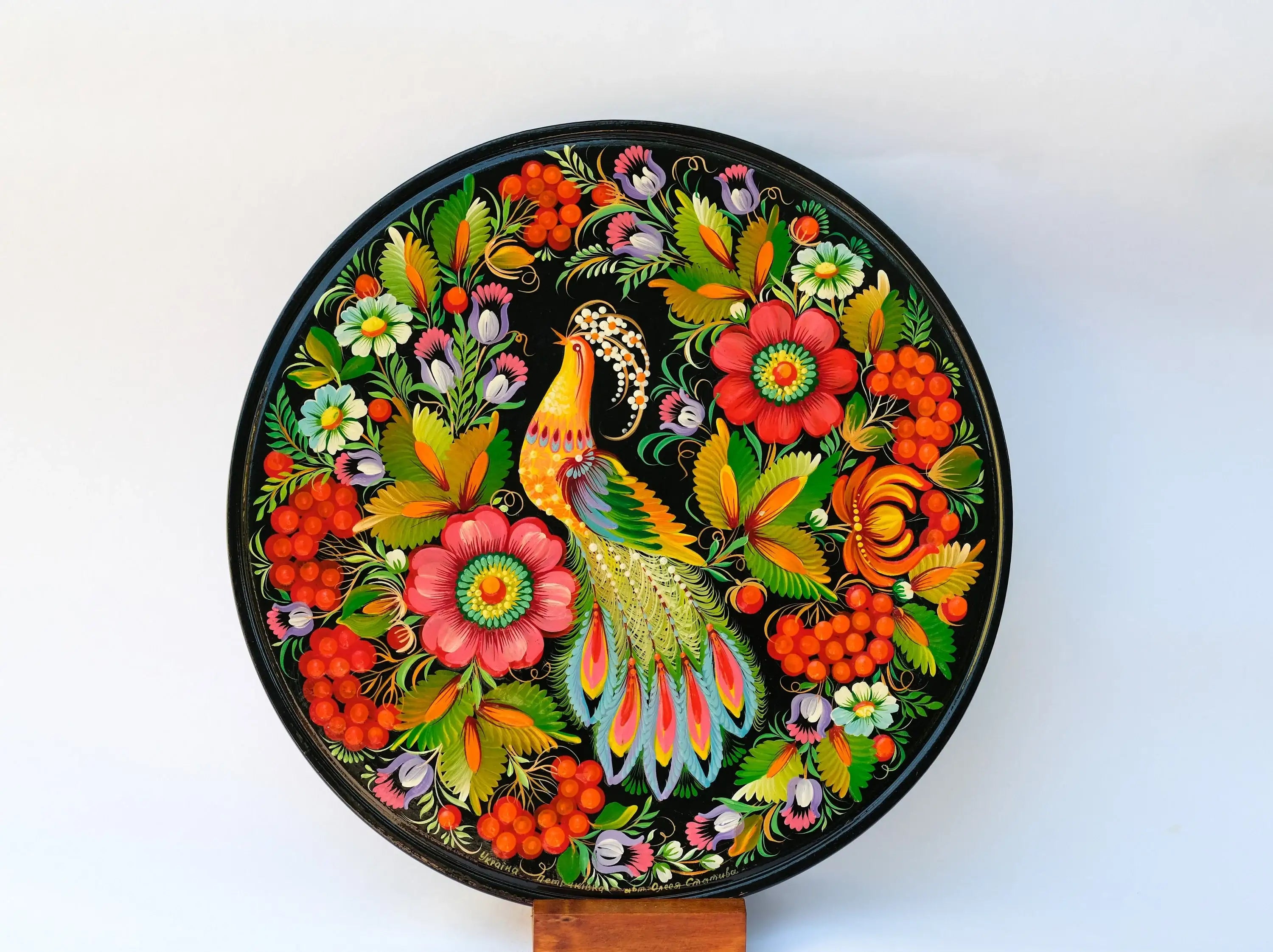 Decorative wooden plate 11.8 in, Hand-painted Ukrainian wall plate, Fairy bird plate painted with Petrykivka painting, Ukraine folk plate