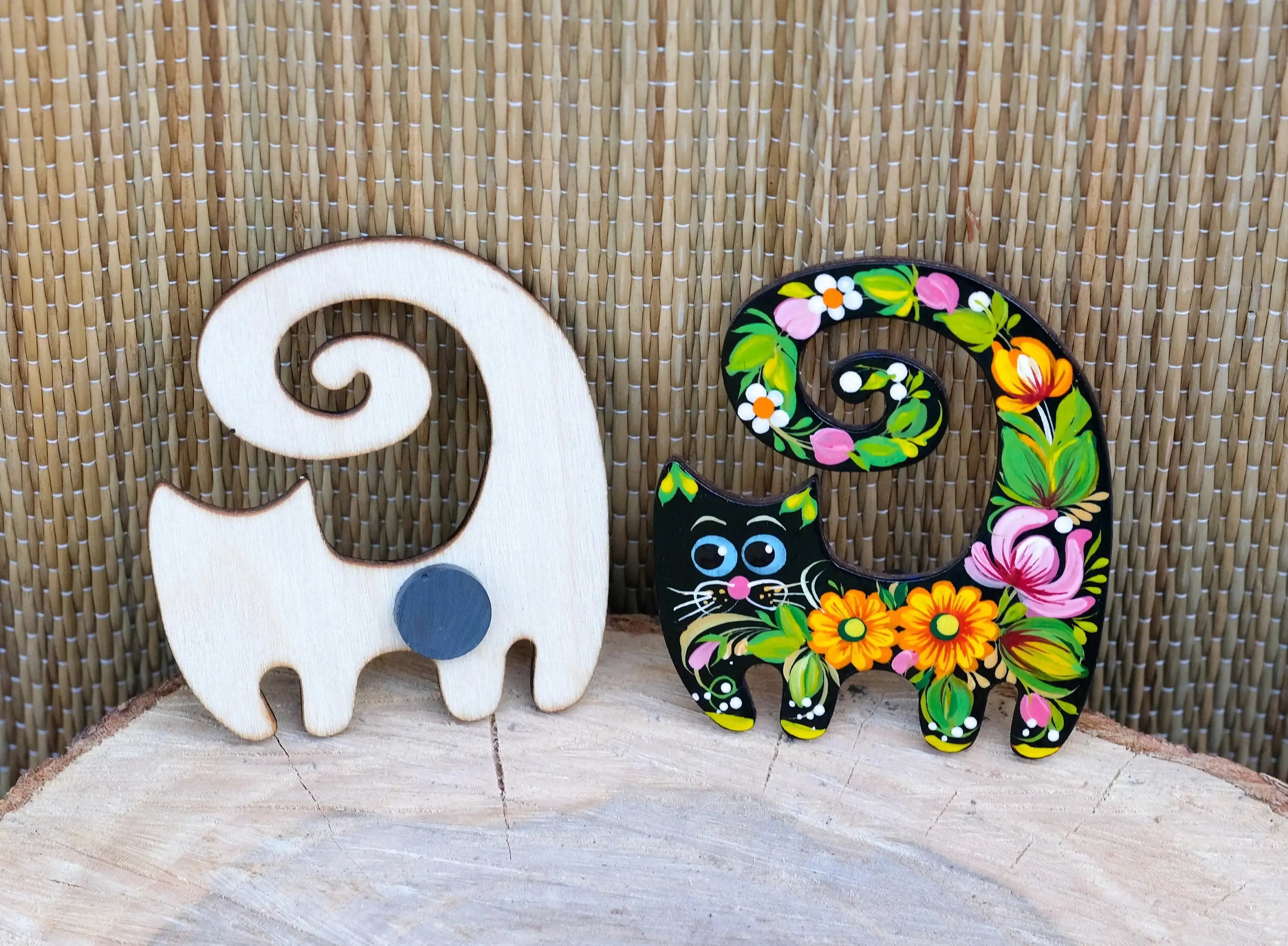 Painted Wooden Funny Cat Fridge Magnets Set - Petrykivka Art Cute Cat Silhouette Decorative Magnet, Handmade