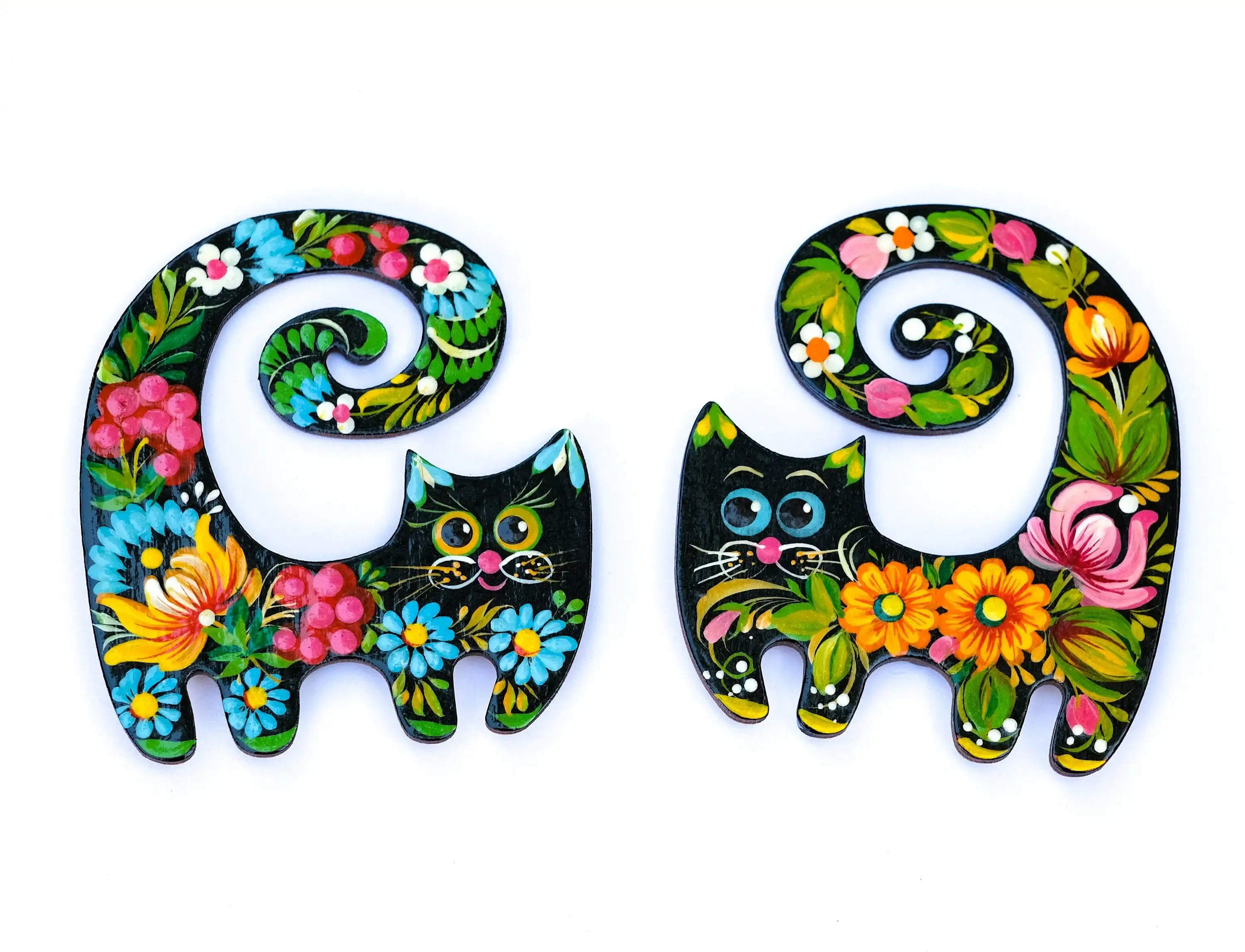 Painted Wooden Funny Cat Fridge Magnets Set - Petrykivka Art Cute Cat Silhouette Decorative Magnet, Handmade