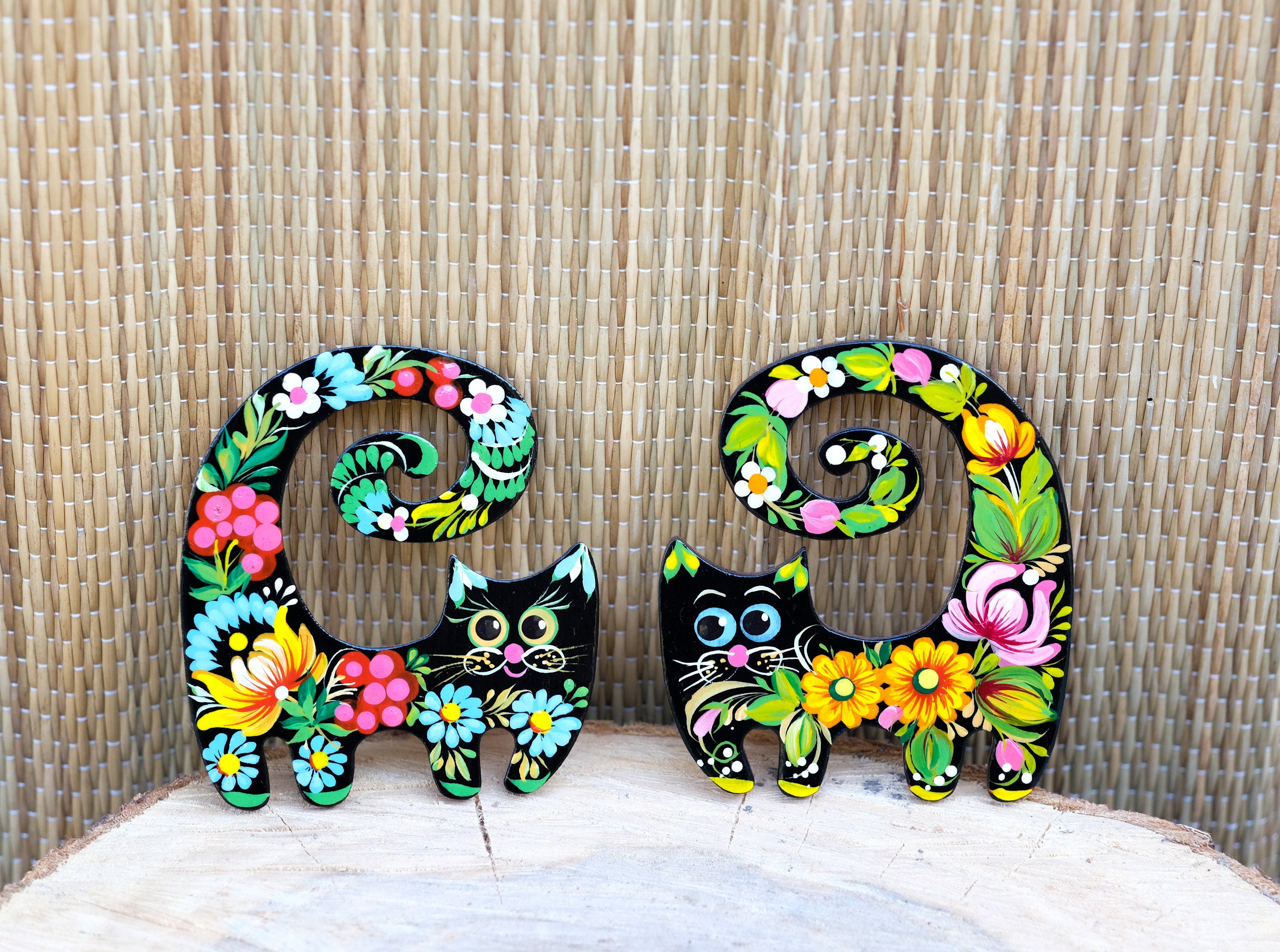 Painted Wooden Funny Cat Fridge Magnets Set - Petrykivka Art Cute Cat Silhouette Decorative Magnet, Handmade