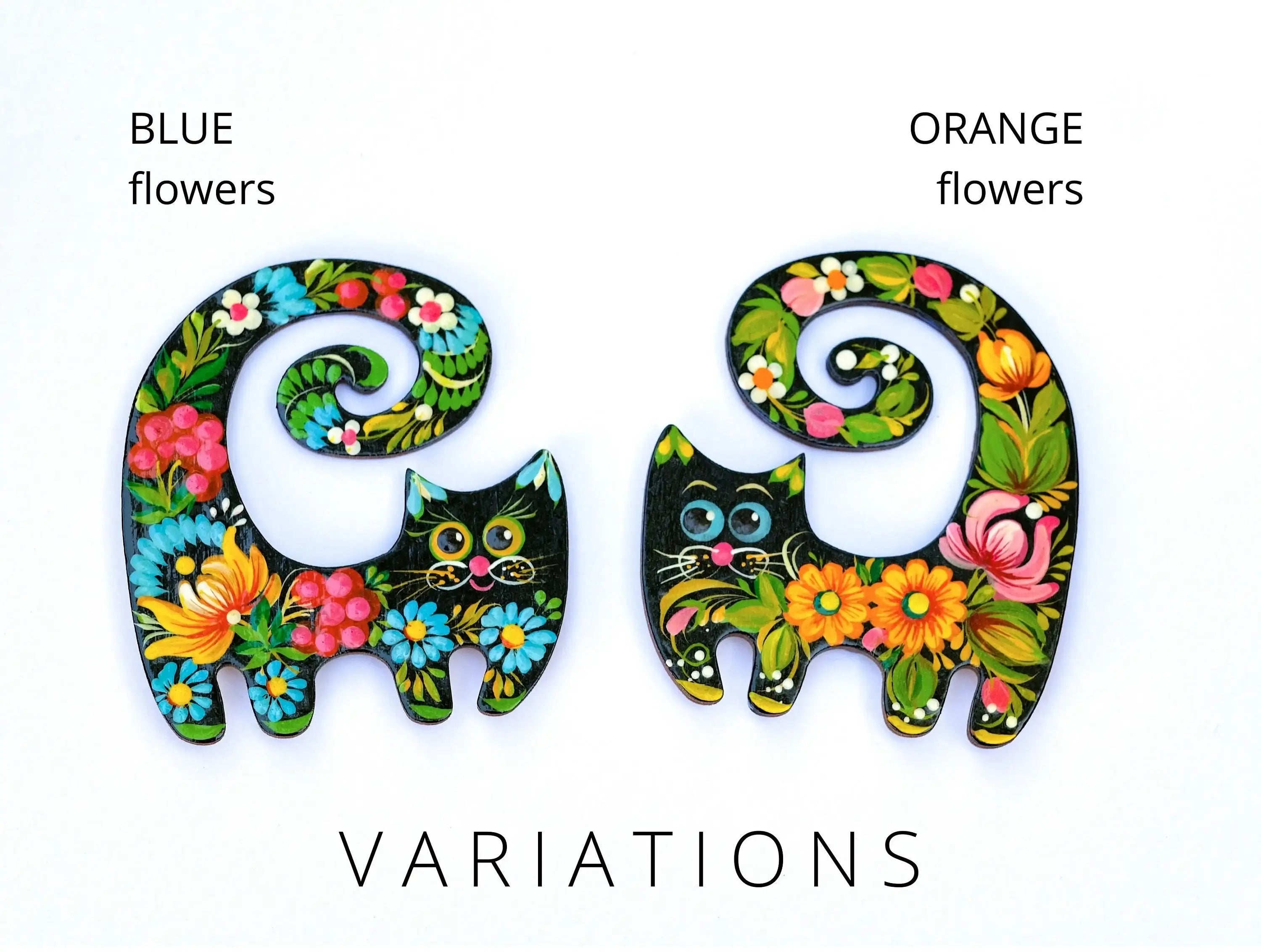 Painted Wooden Funny Cat Fridge Magnets Set - Petrykivka Art Cute Cat Silhouette Decorative Magnet, Handmade