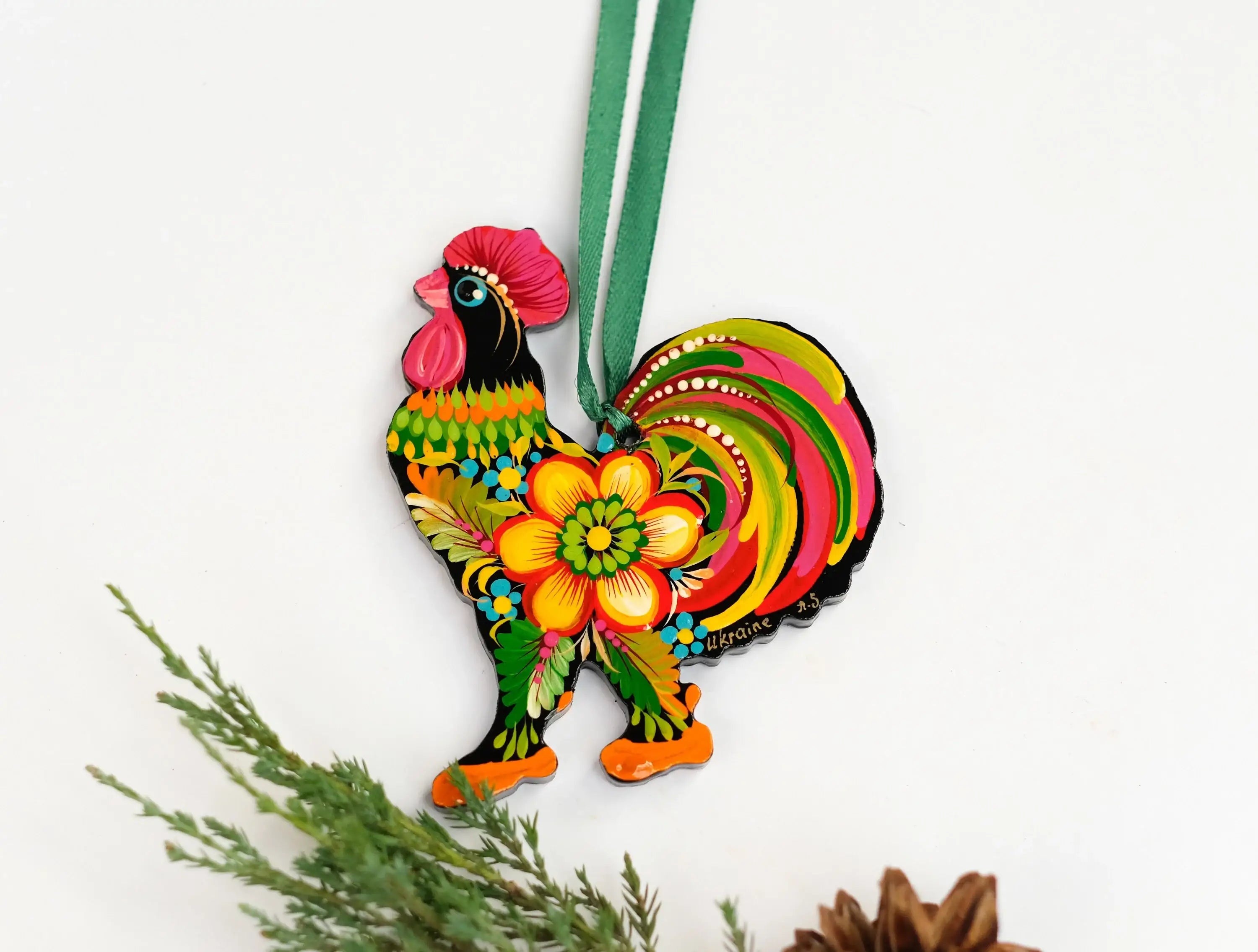 Rooster Christmas Ornament Painted on Wood