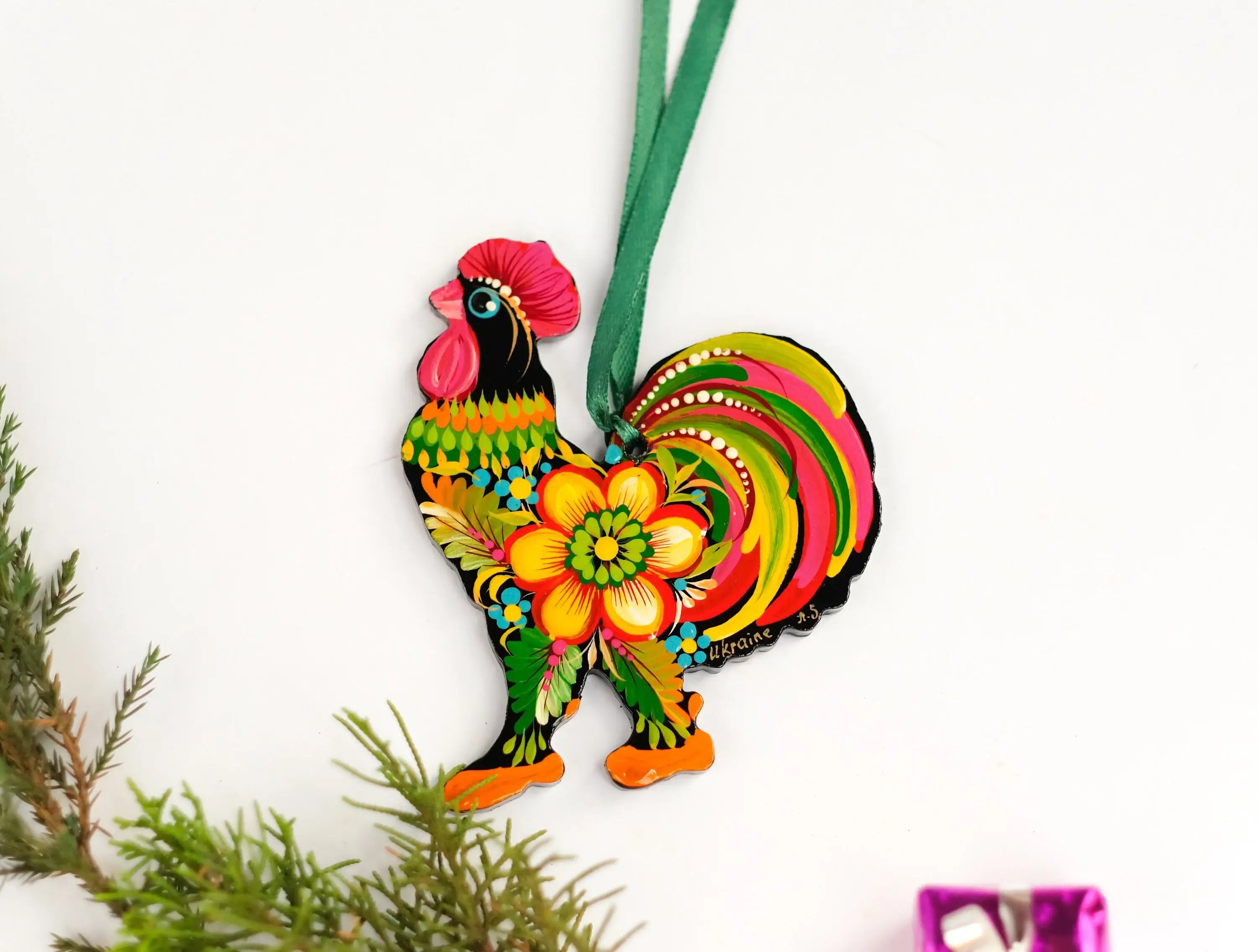 Rooster Christmas Ornament Painted on Wood