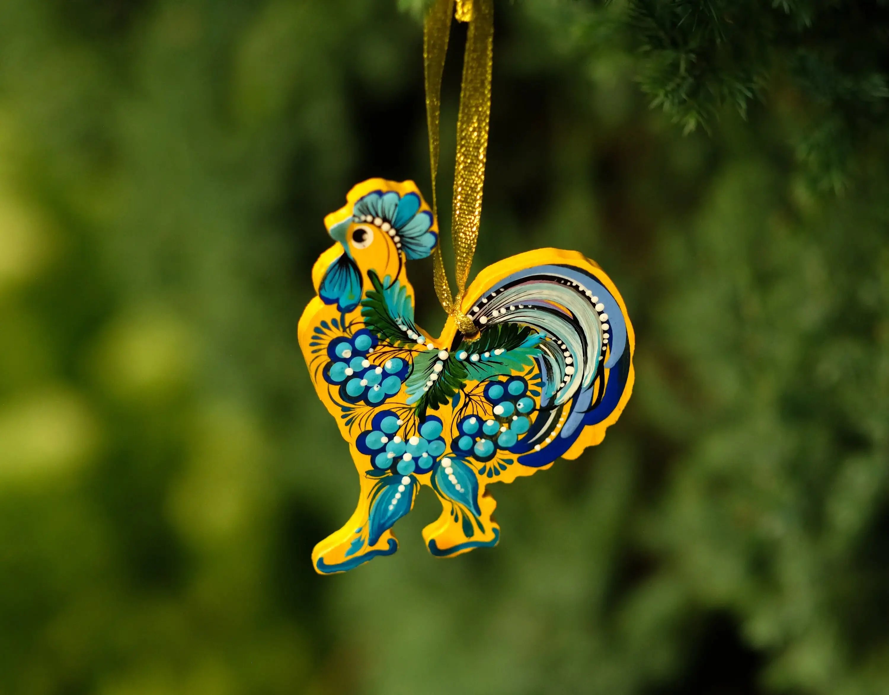 Ukrainian Rooster Christmas Ornament - Painted Wooden Petrykivka Art Ornament