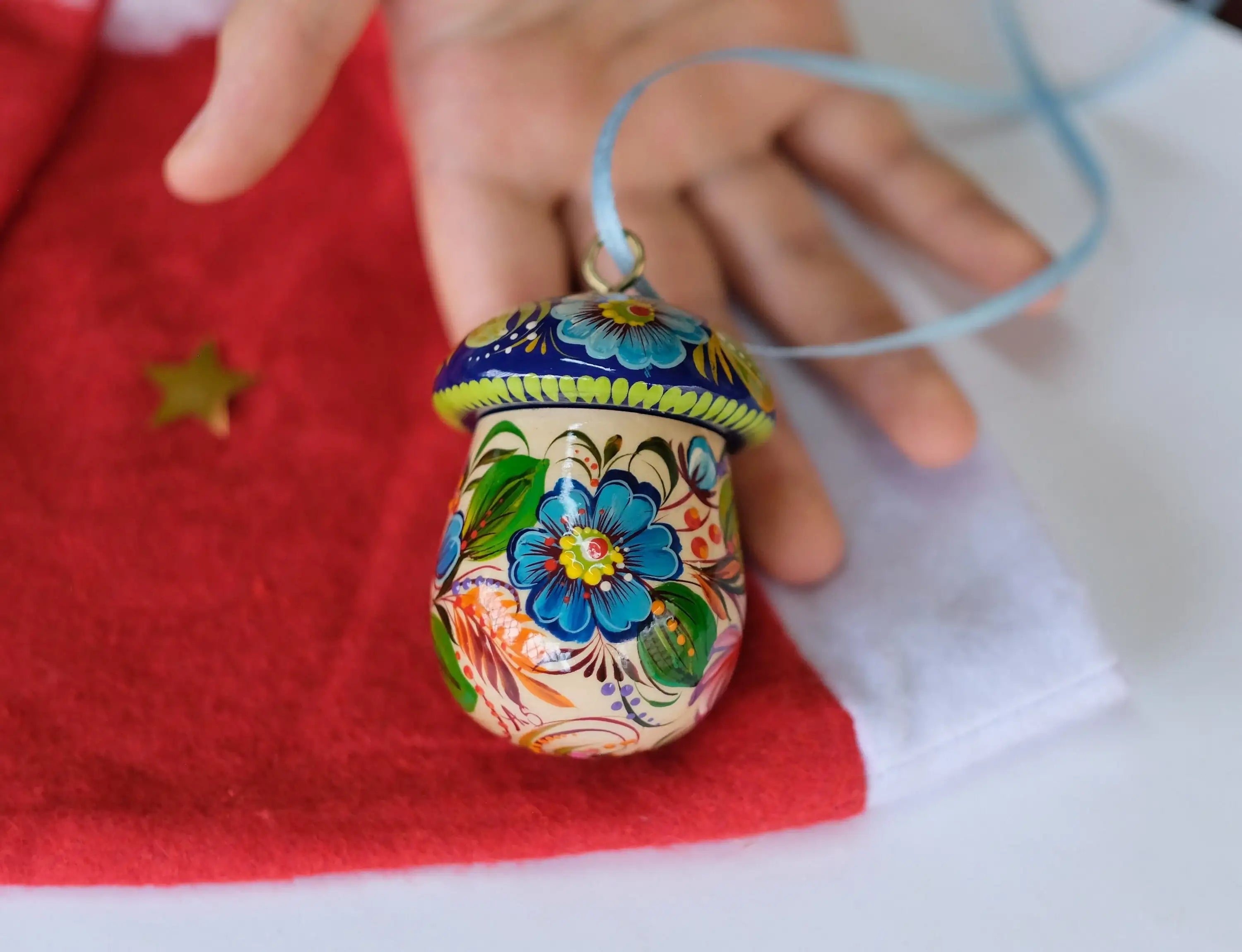 Fillable Wooden Mushroom Christmas Ornament Hand-painted with Petrykivka Art