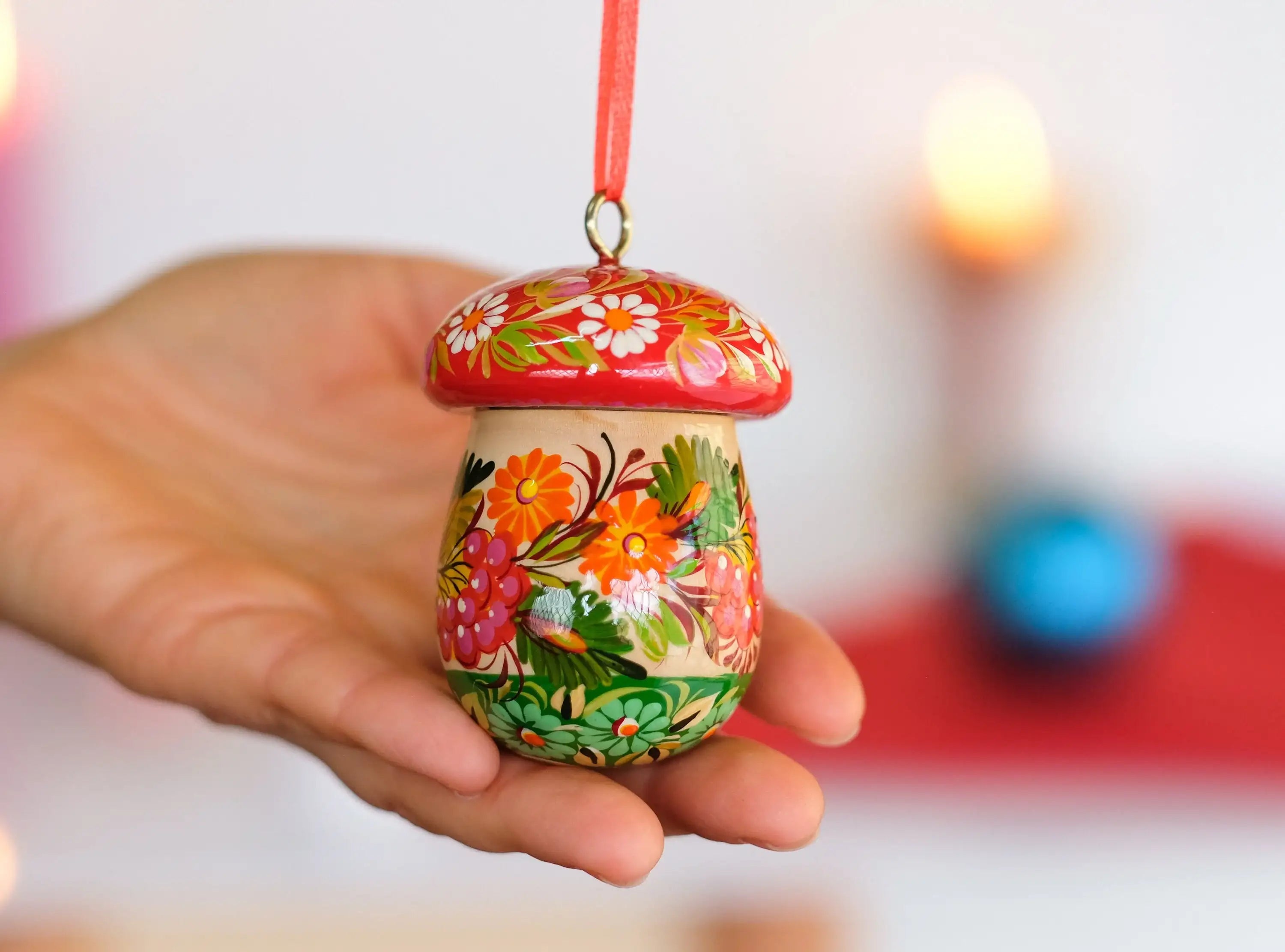 Fillable Wooden Mushroom Christmas Ornament Hand-painted with Petrykivka Art