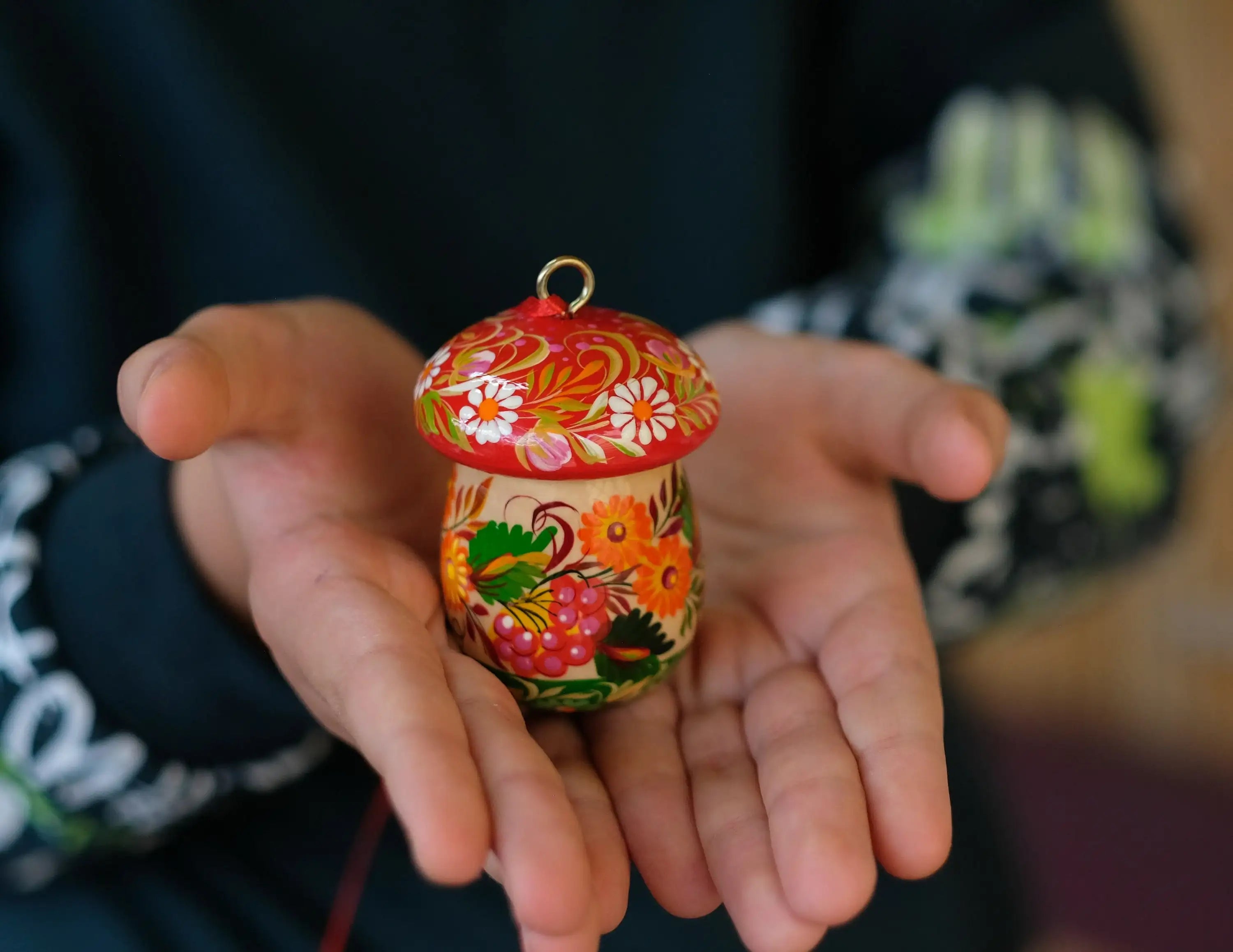 Fillable Wooden Mushroom Christmas Ornament Hand-painted with Petrykivka Art