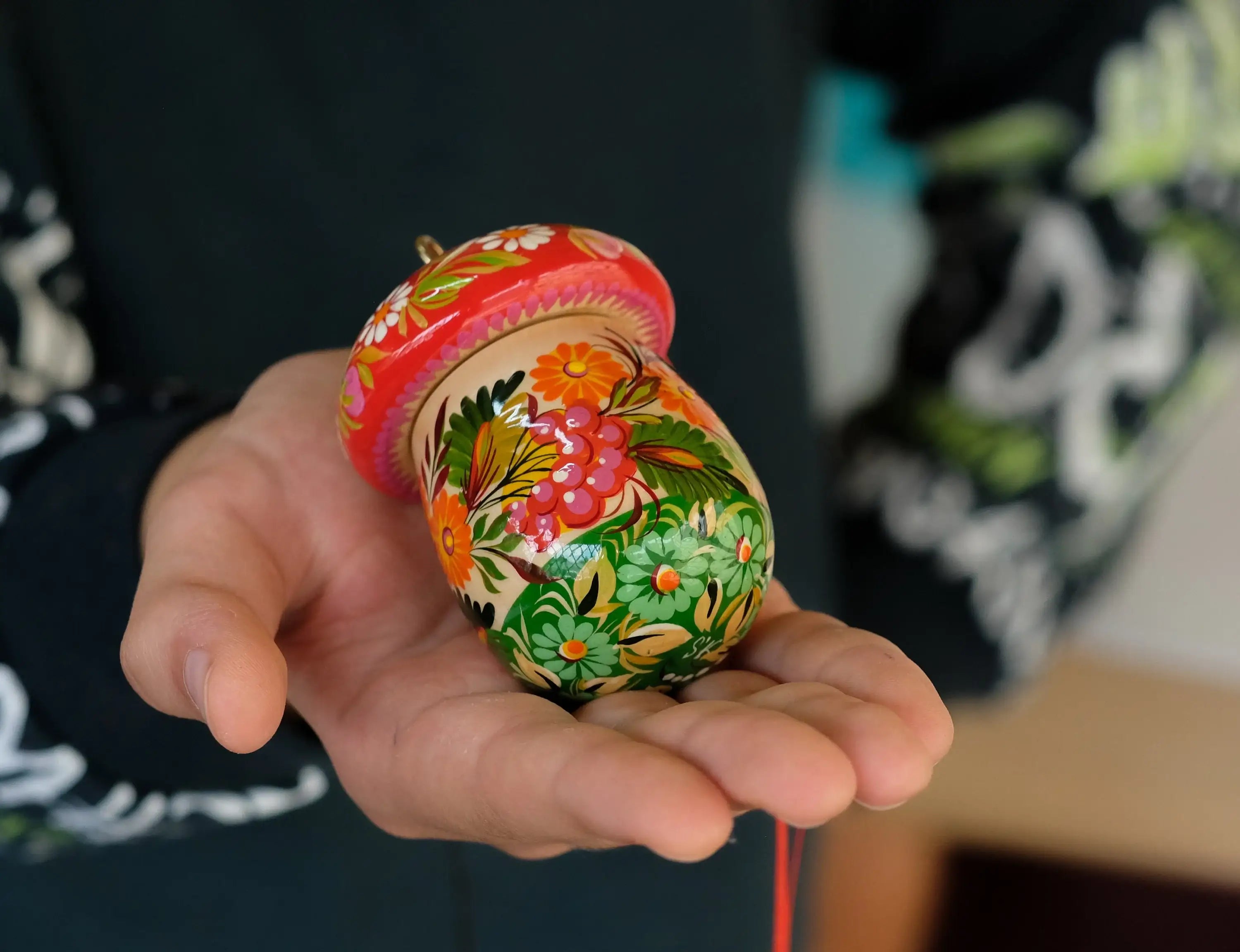 Fillable Wooden Mushroom Christmas Ornament Hand-painted with Petrykivka Art