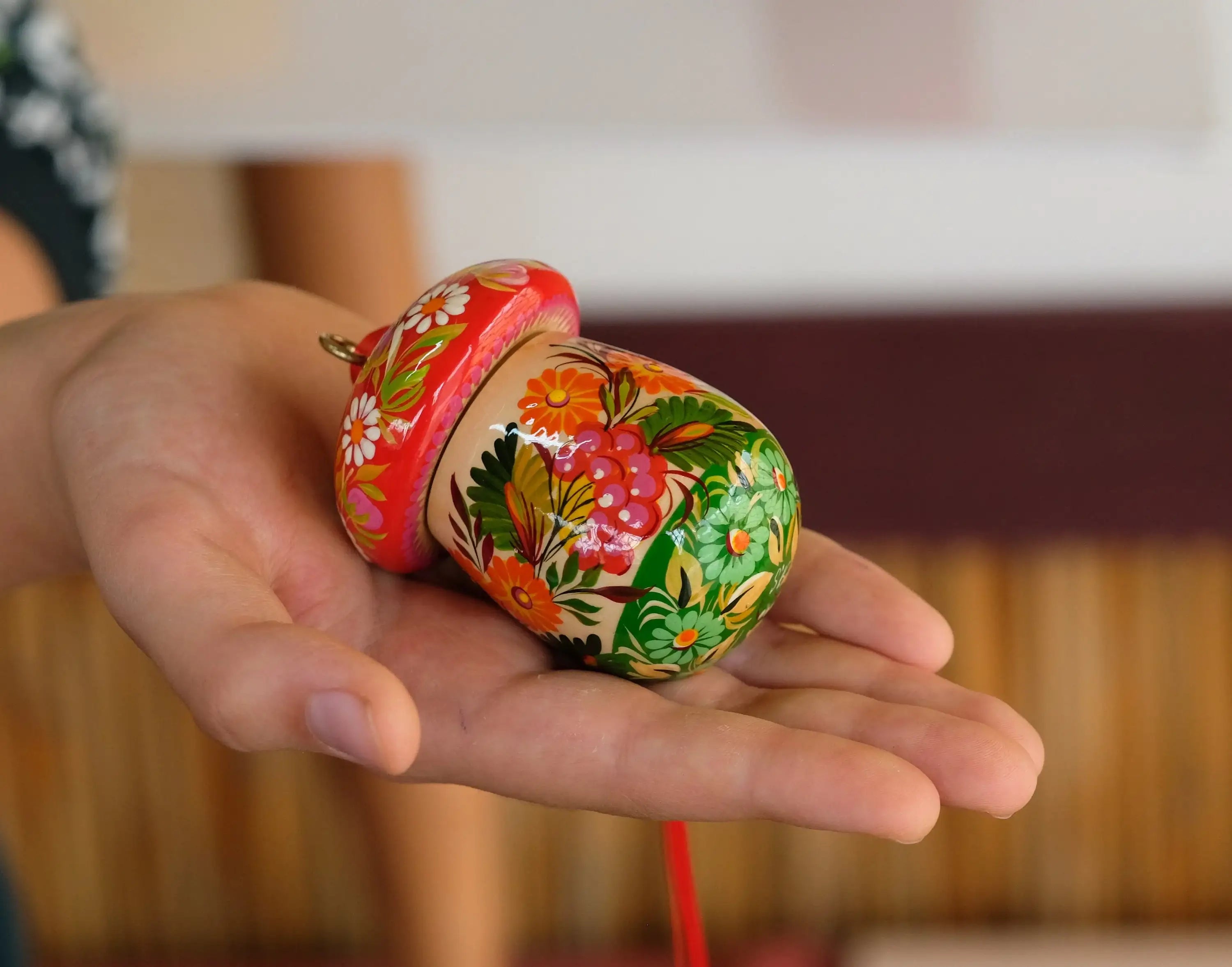 Fillable Wooden Mushroom Christmas Ornament Hand-painted with Petrykivka Art