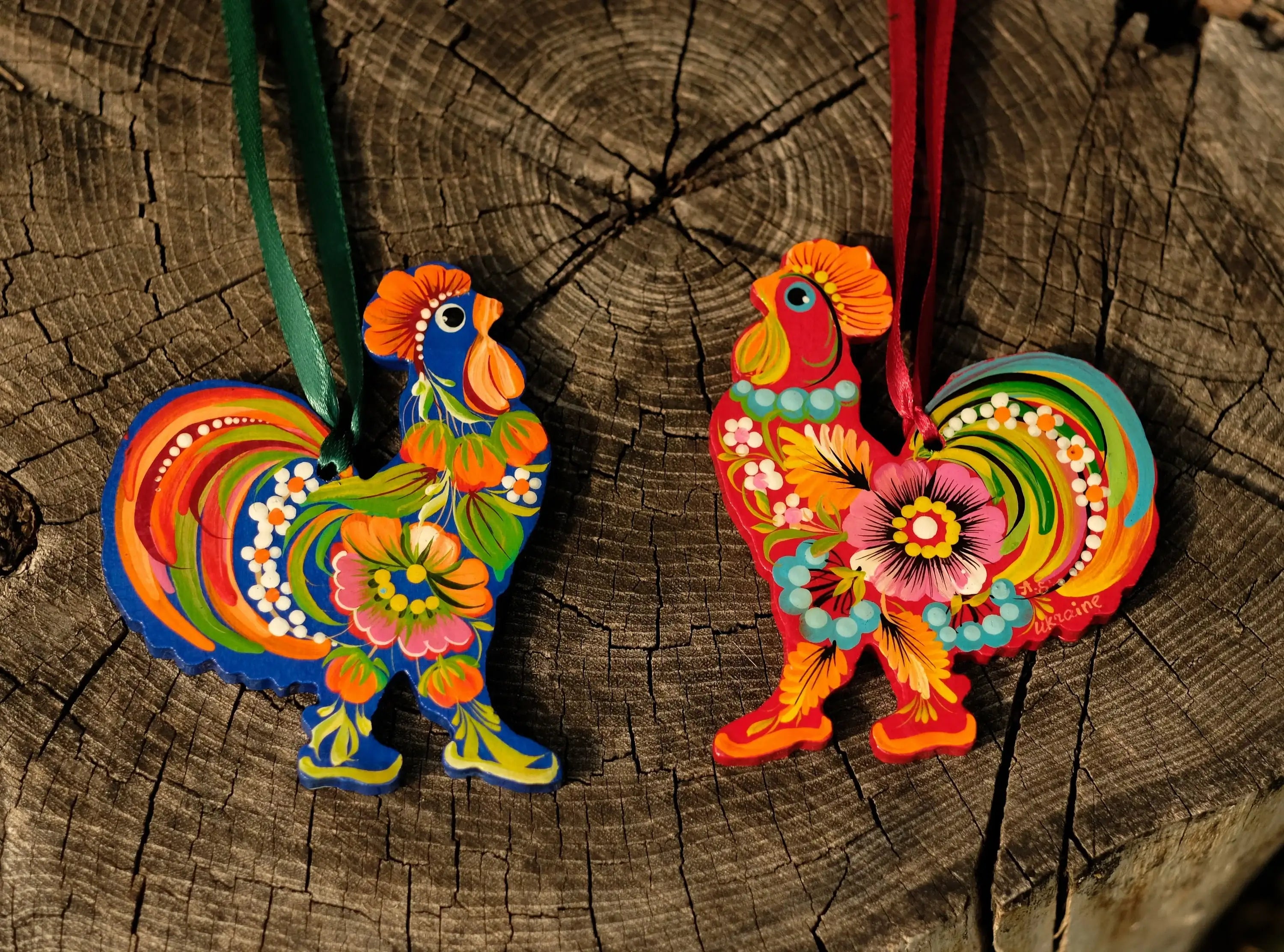 Ukrainian Rooster Christmas Ornament - Painted Wooden Petrykivka Art Ornament