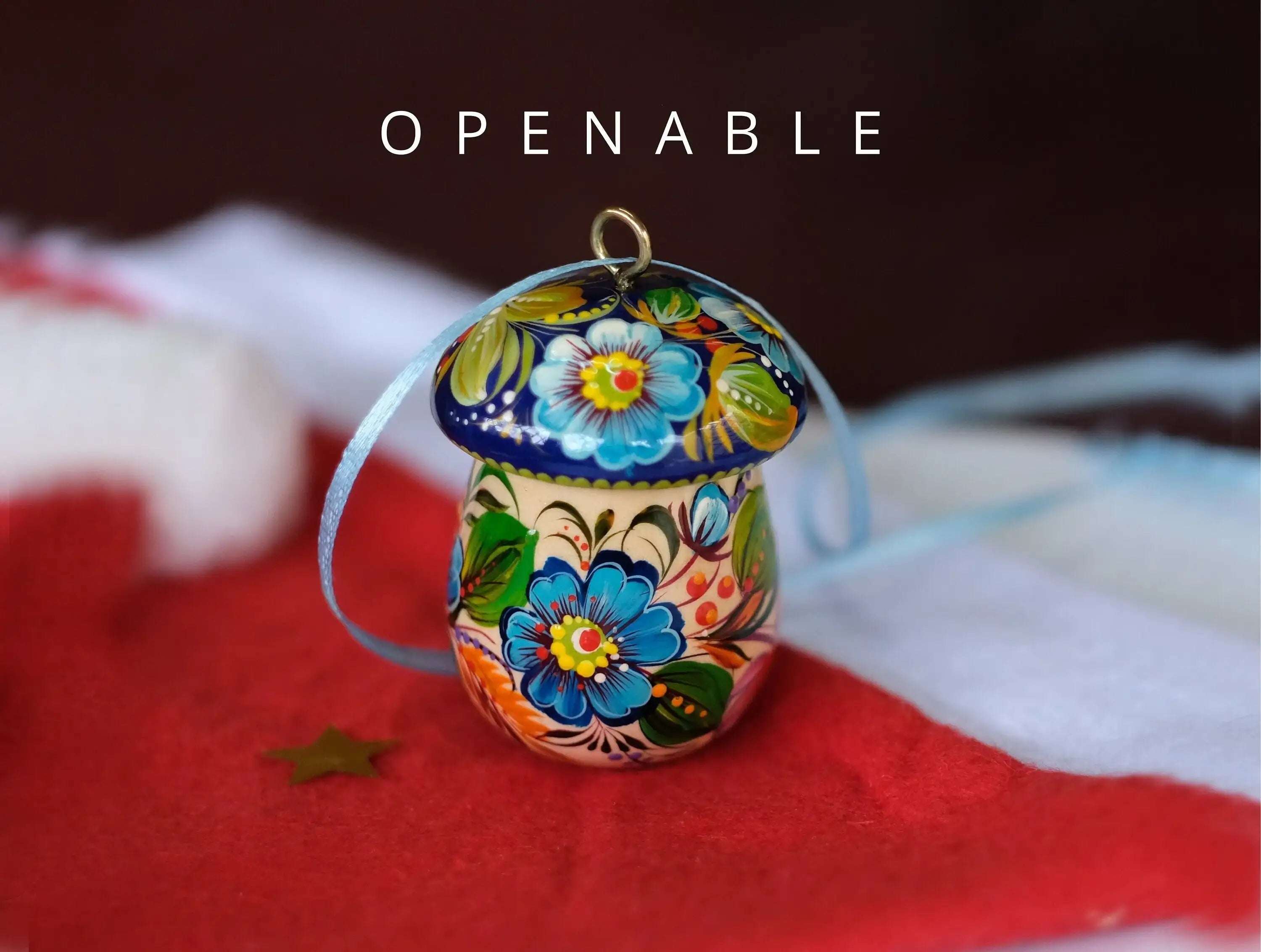 Openable Mushroom Christmas ornament Wooden & Hand-painted