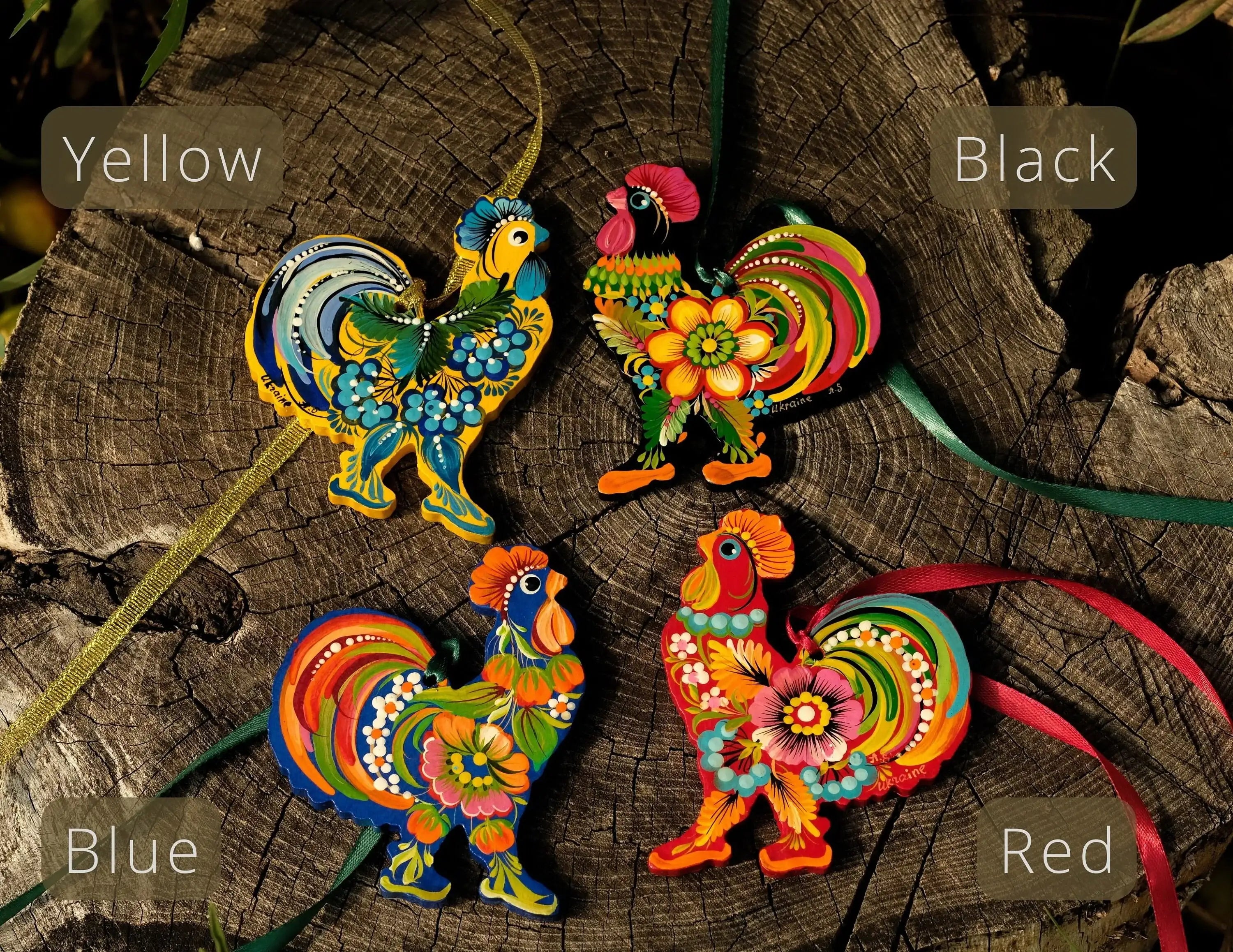 Set of 4 Painted Wooden Rooster Christmas Ornaments, Gift-wrapped