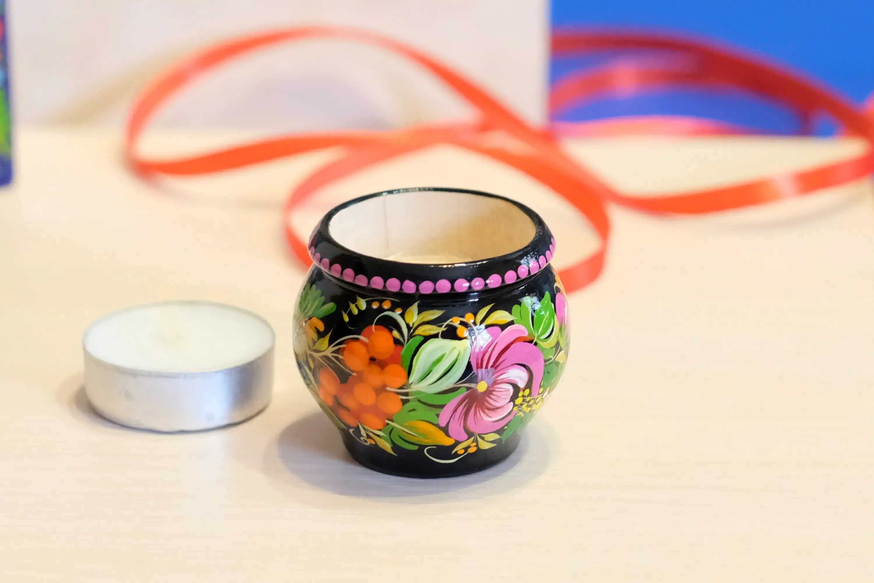 Painted Wooden Sunflower Candle Holder - Handmade Petrykivka Folk Art Flower Tea Light Holder