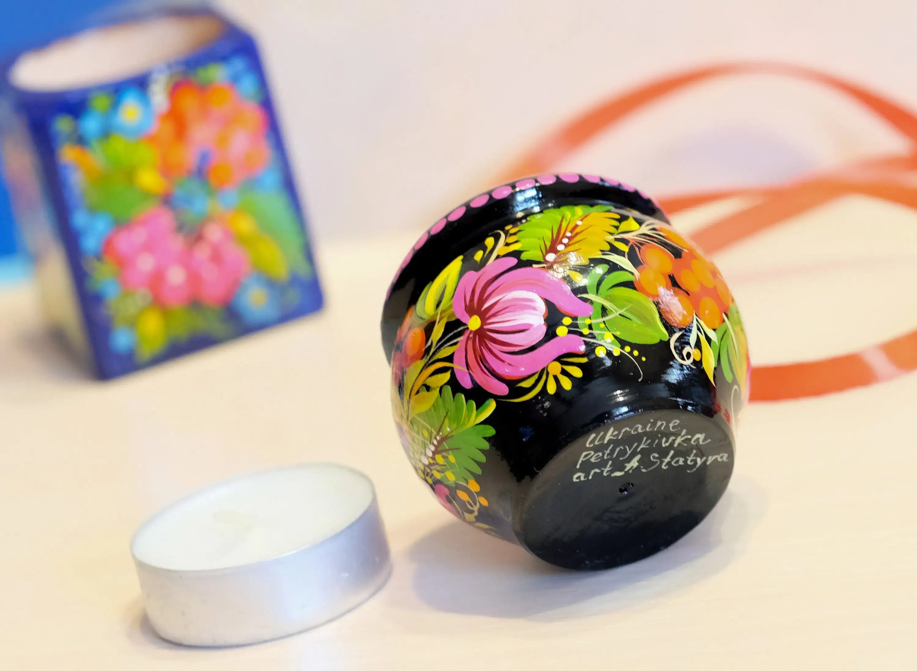 Painted Wooden Sunflower Candle Holder - Handmade Petrykivka Folk Art Flower Tea Light Holder