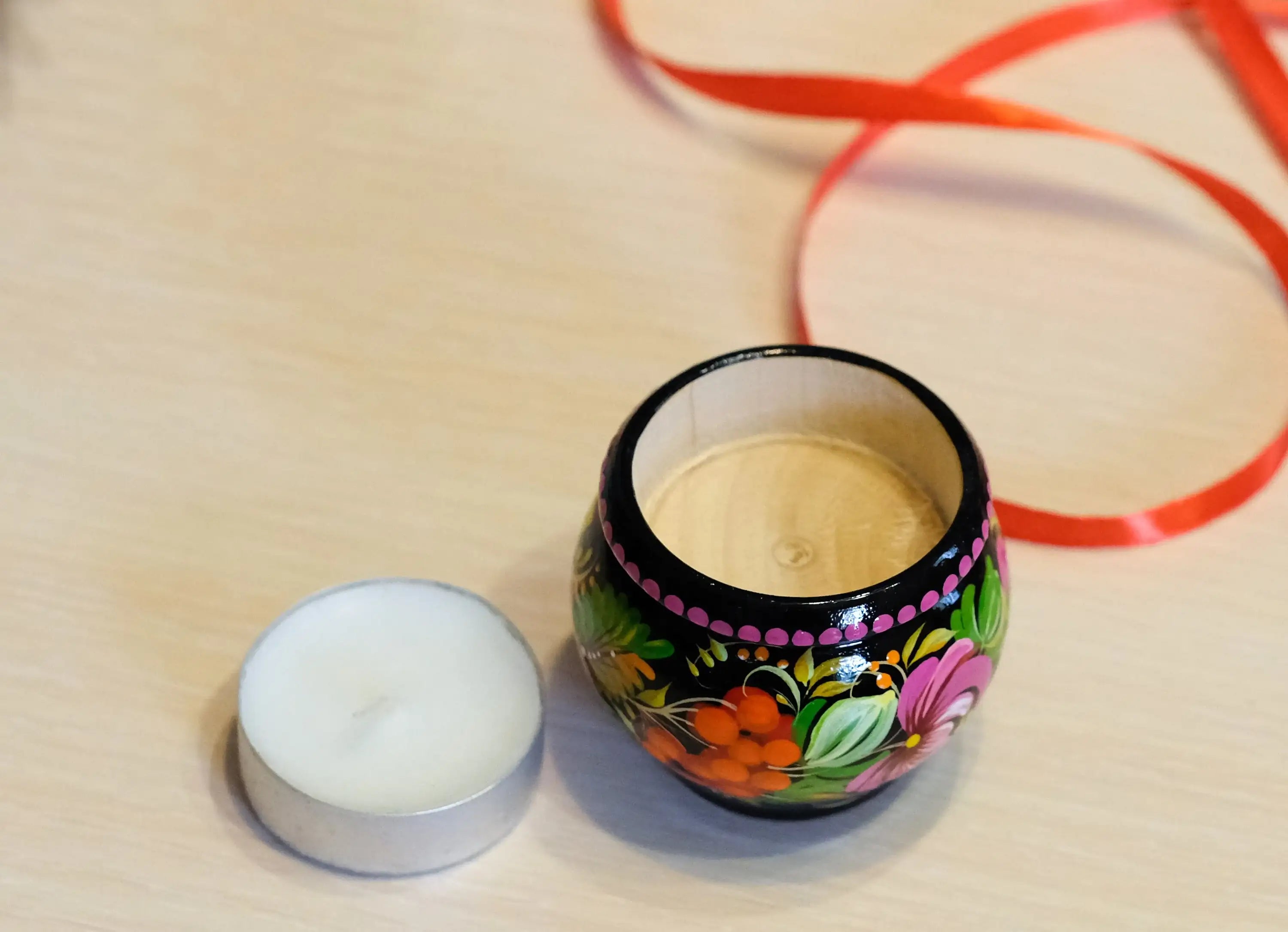 Painted Wooden Sunflower Candle Holder - Handmade Petrykivka Folk Art Flower Tea Light Holder