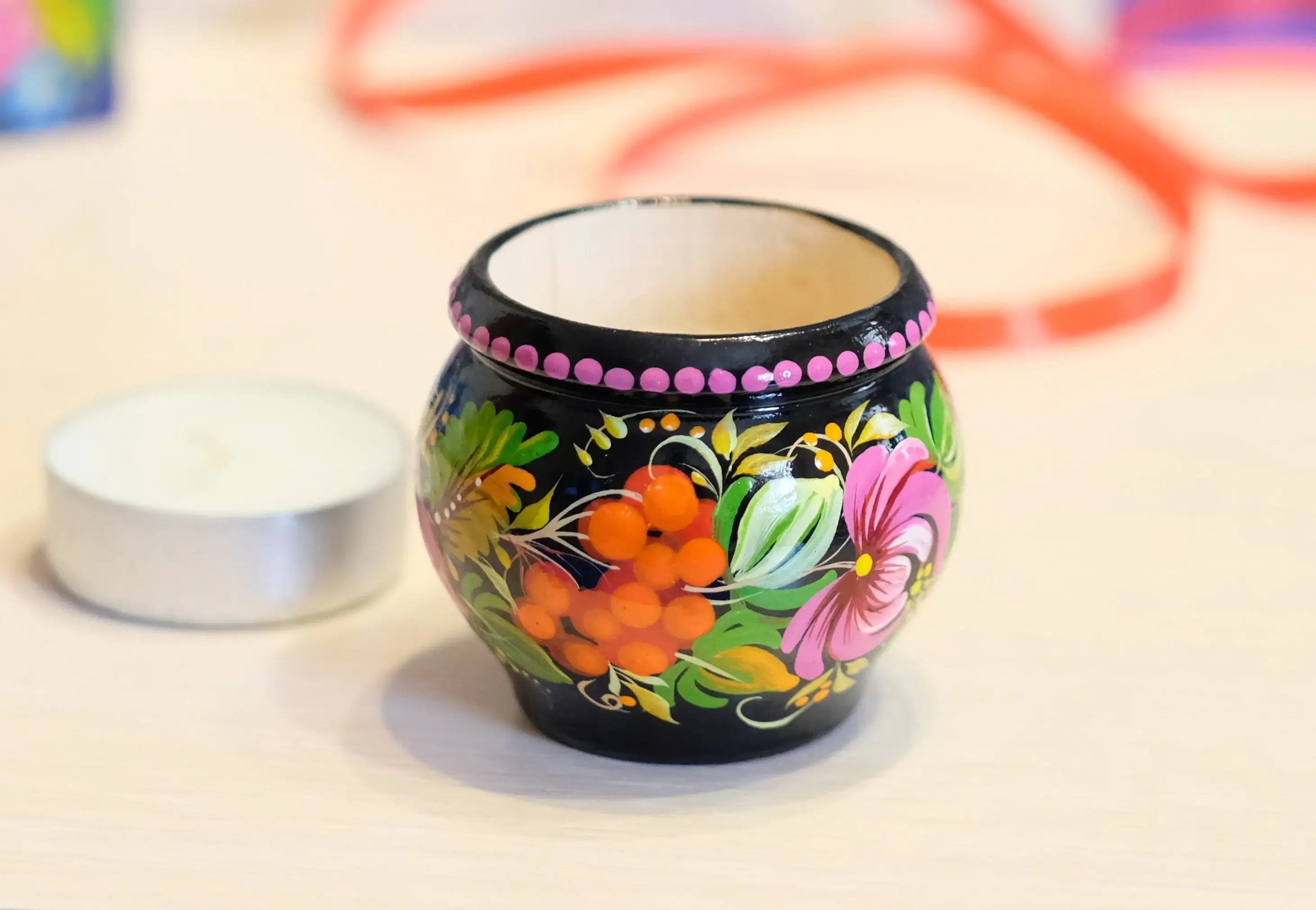 Painted Wooden Sunflower Candle Holder - Handmade Petrykivka Folk Art Flower Tea Light Holder