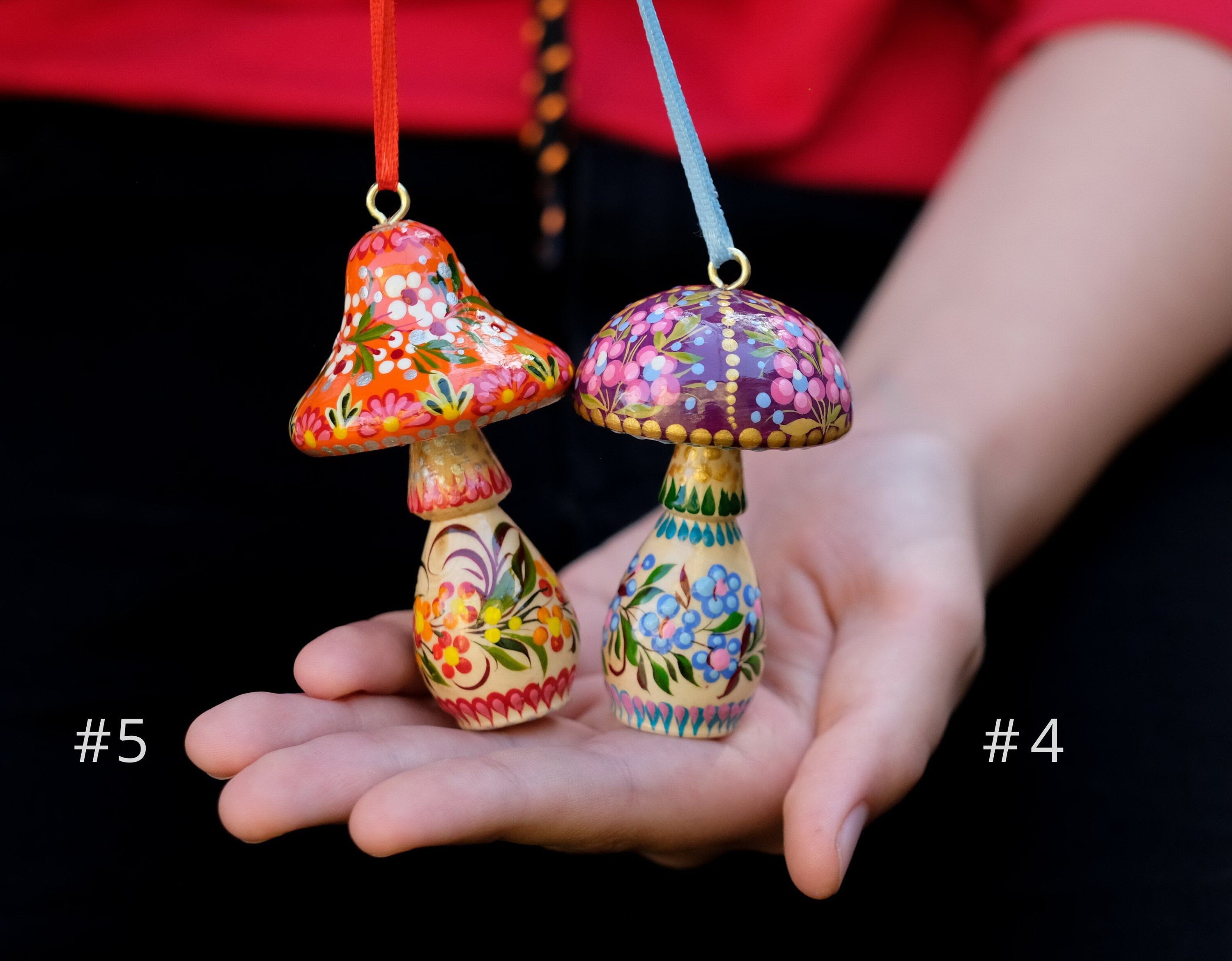 Painted Wooden Mushroom Christmas Ornament with Petrykivka Art