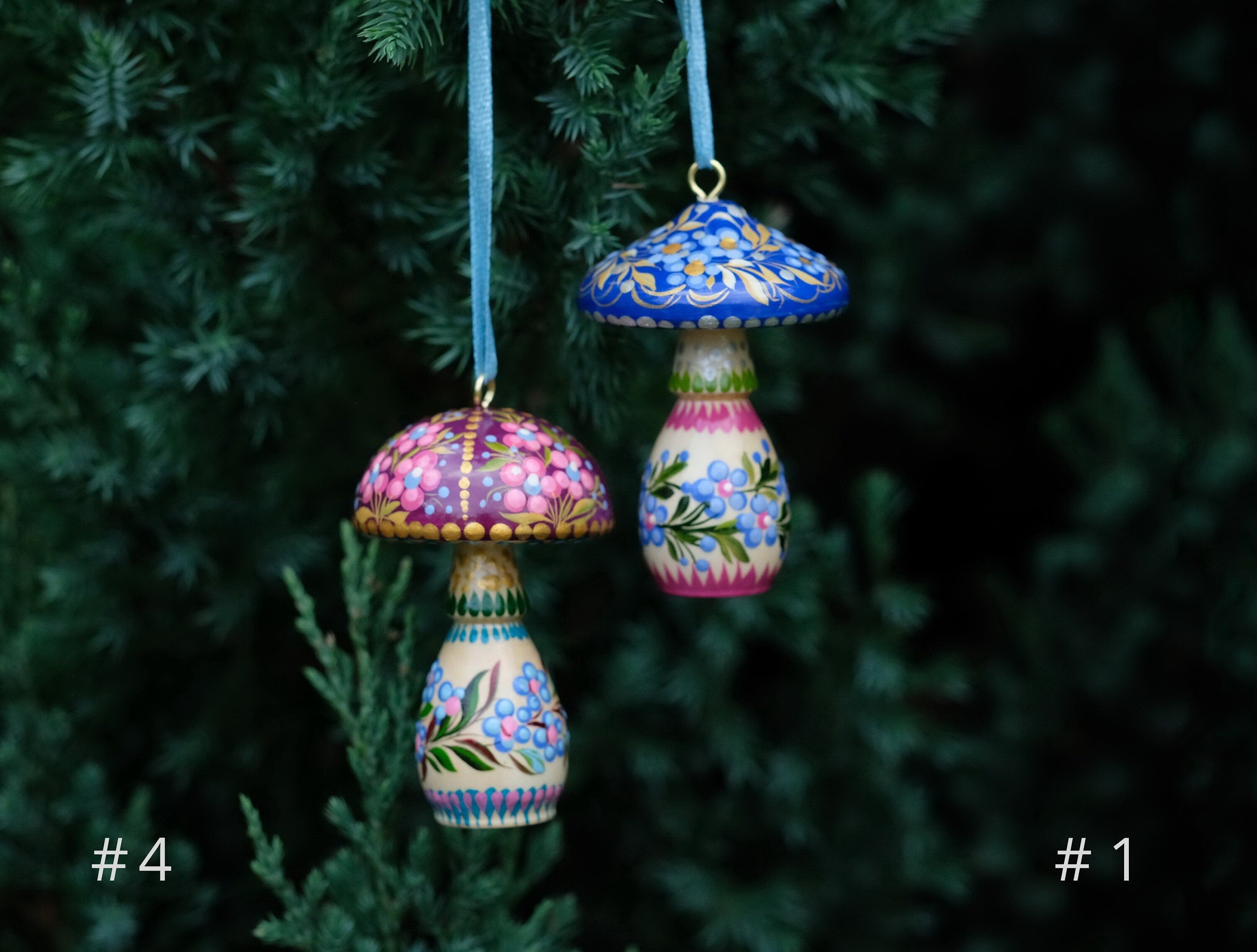 Painted Wooden Mushroom Christmas Ornament with Petrykivka Art