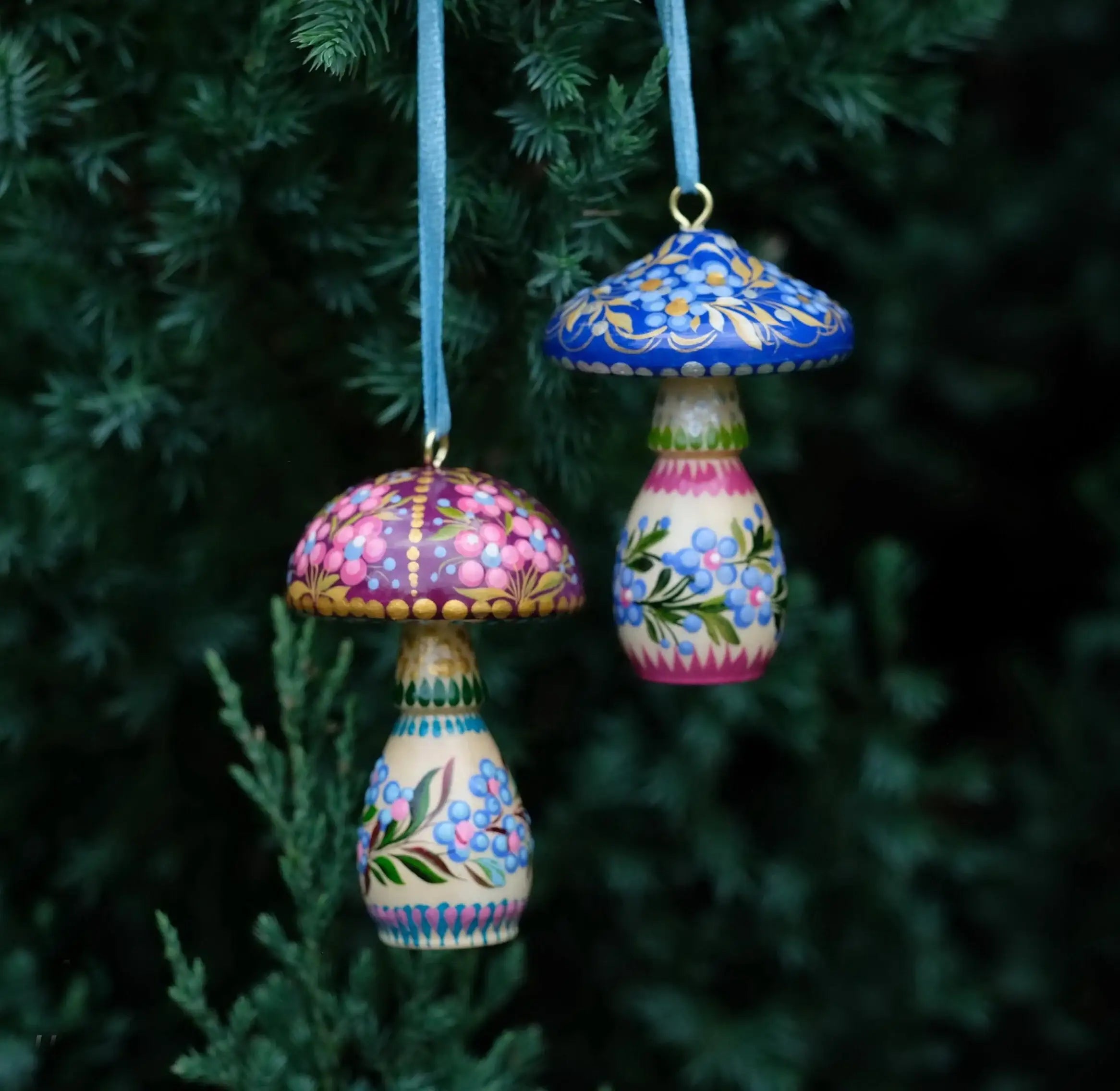 Set of 5 Painted Wooden Mushroom Christmas Ornaments