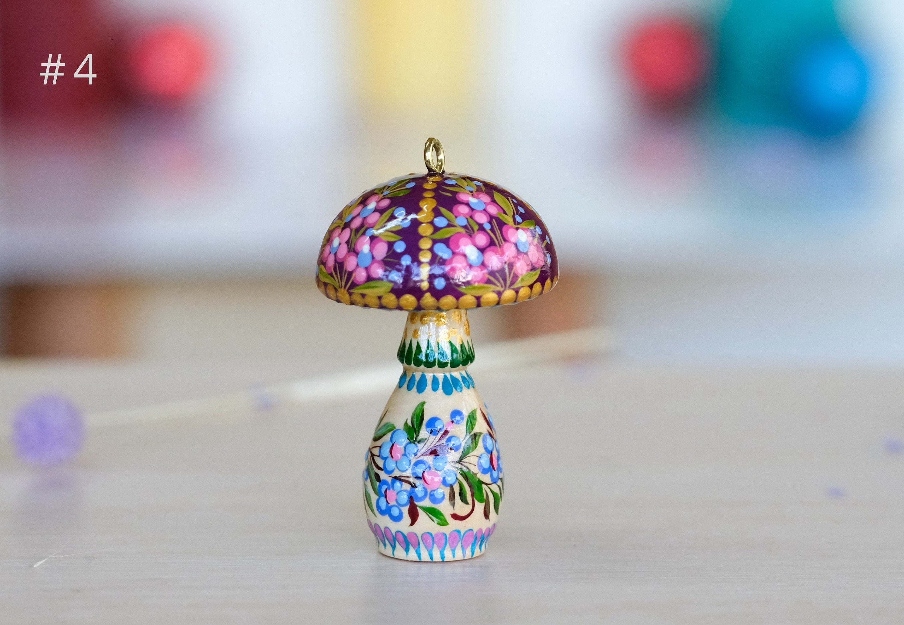 Painted Wooden Mushroom Christmas Ornament with Petrykivka Art