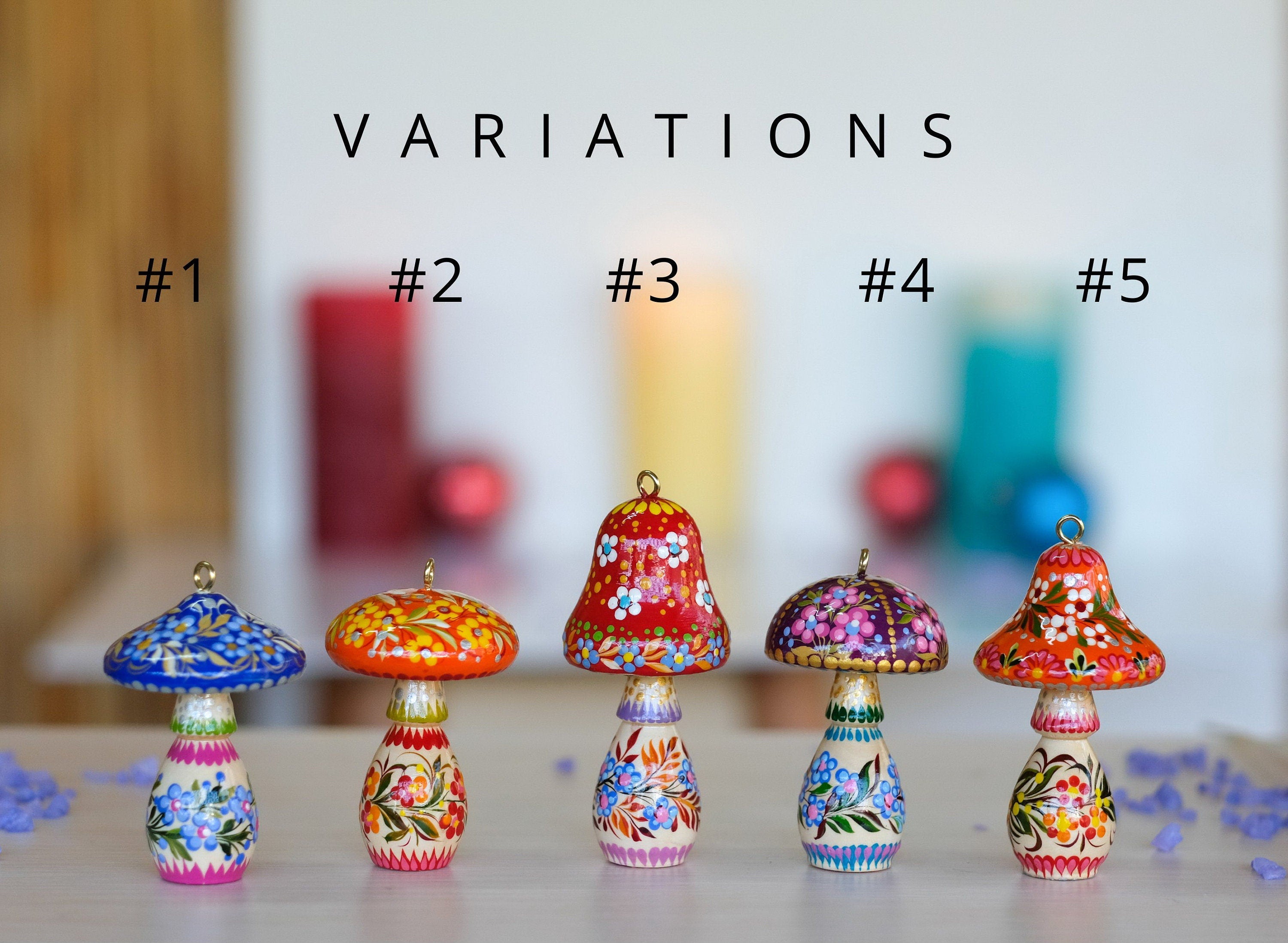 Painted Wooden Mushroom Christmas Ornament with Petrykivka Art