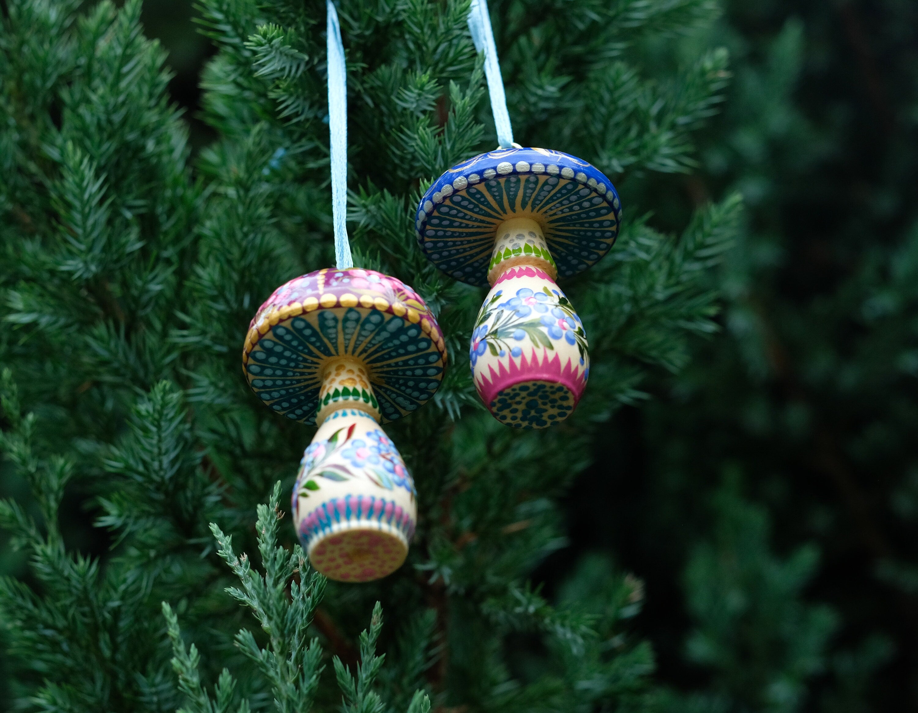 Painted Wooden Mushroom Christmas Ornament with Petrykivka Art